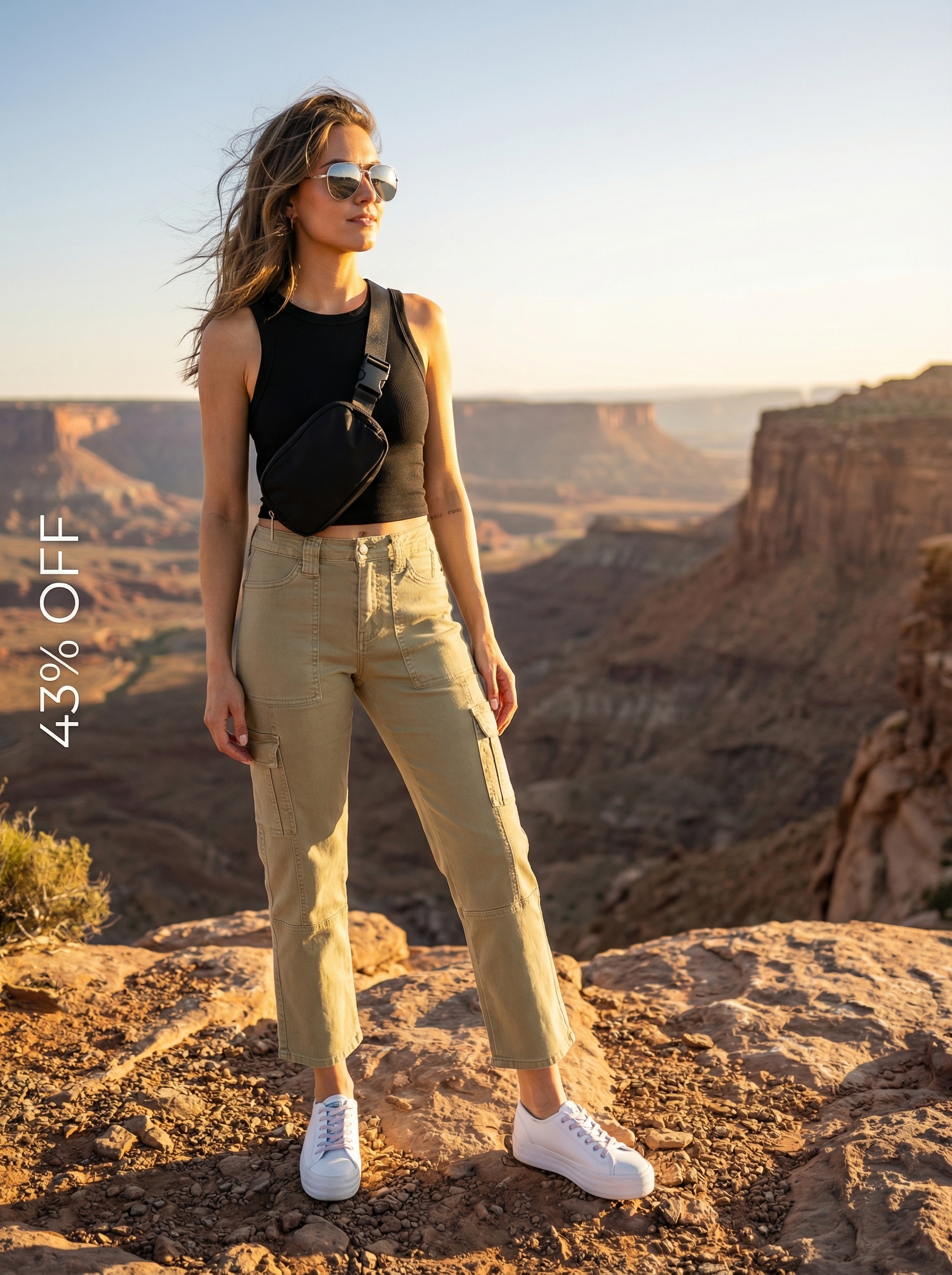Edgy baddie summer outfit for city exploration: khaki slim-fit cargo pants, black ribbed crop top, platform sneakers, and belt bag.