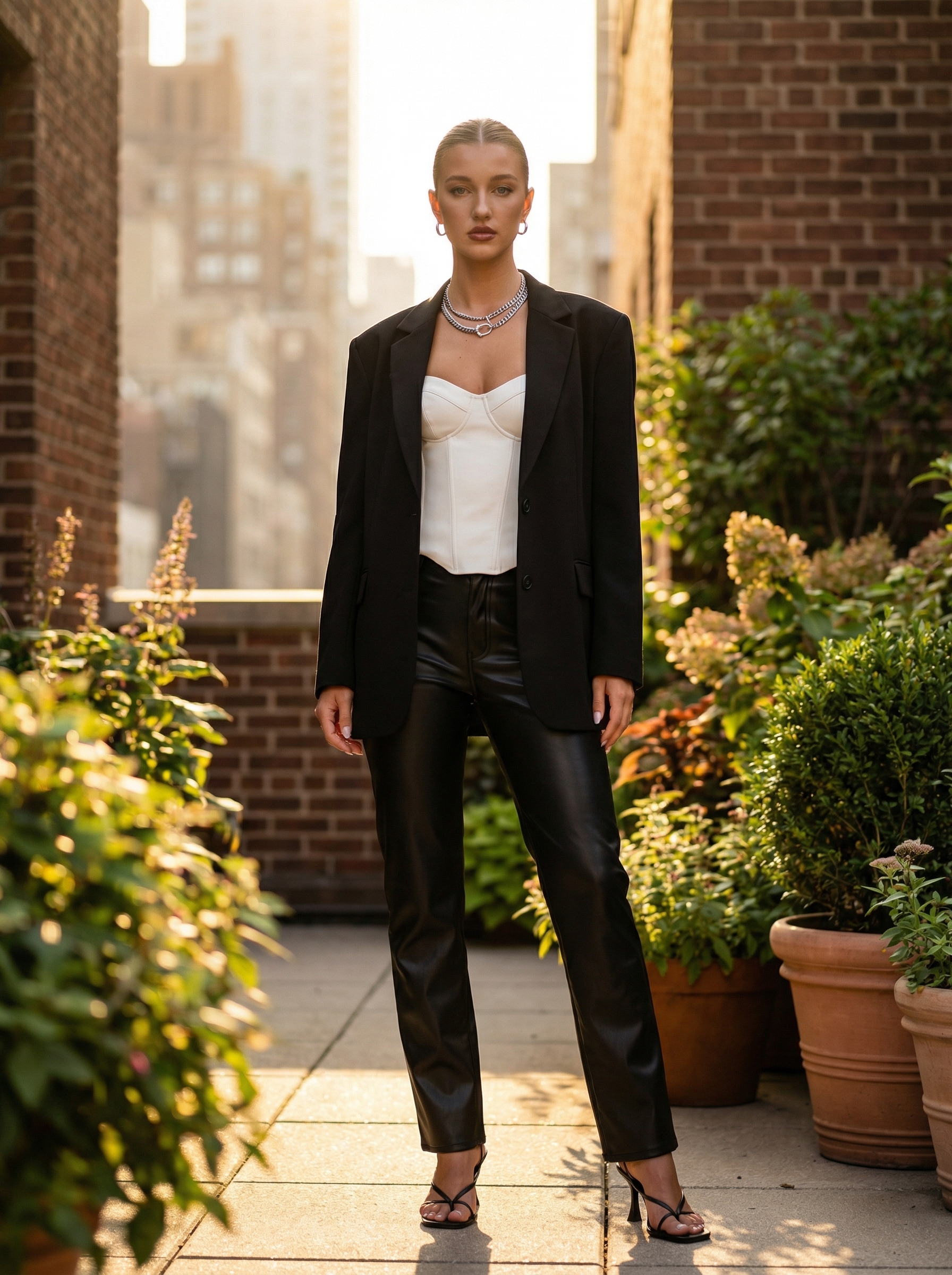 Sophisticated baddie summer outfit with black faux leather straight-leg pants, a white satin corset top, a longline black blazer, and strappy heels for a night out.