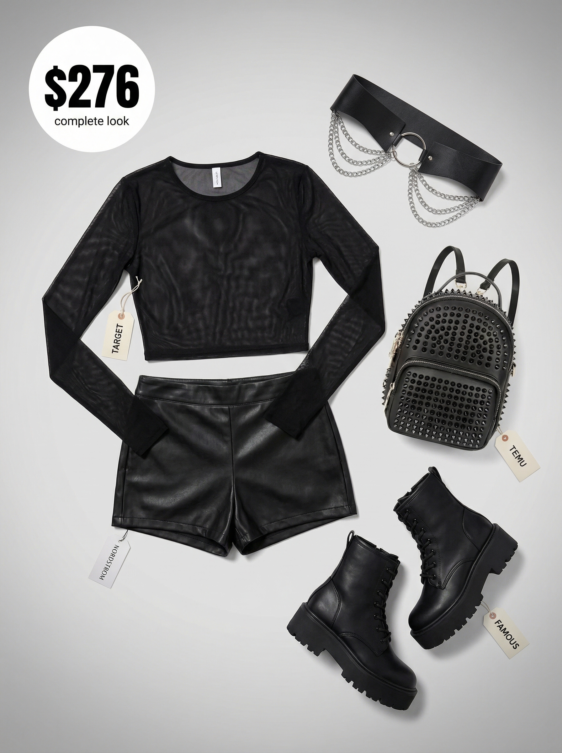 Edgy black faux leather shorts, sheer mesh crop top, combat boots, and a wide chain belt create a fierce baddie summer outfit for a music festival.