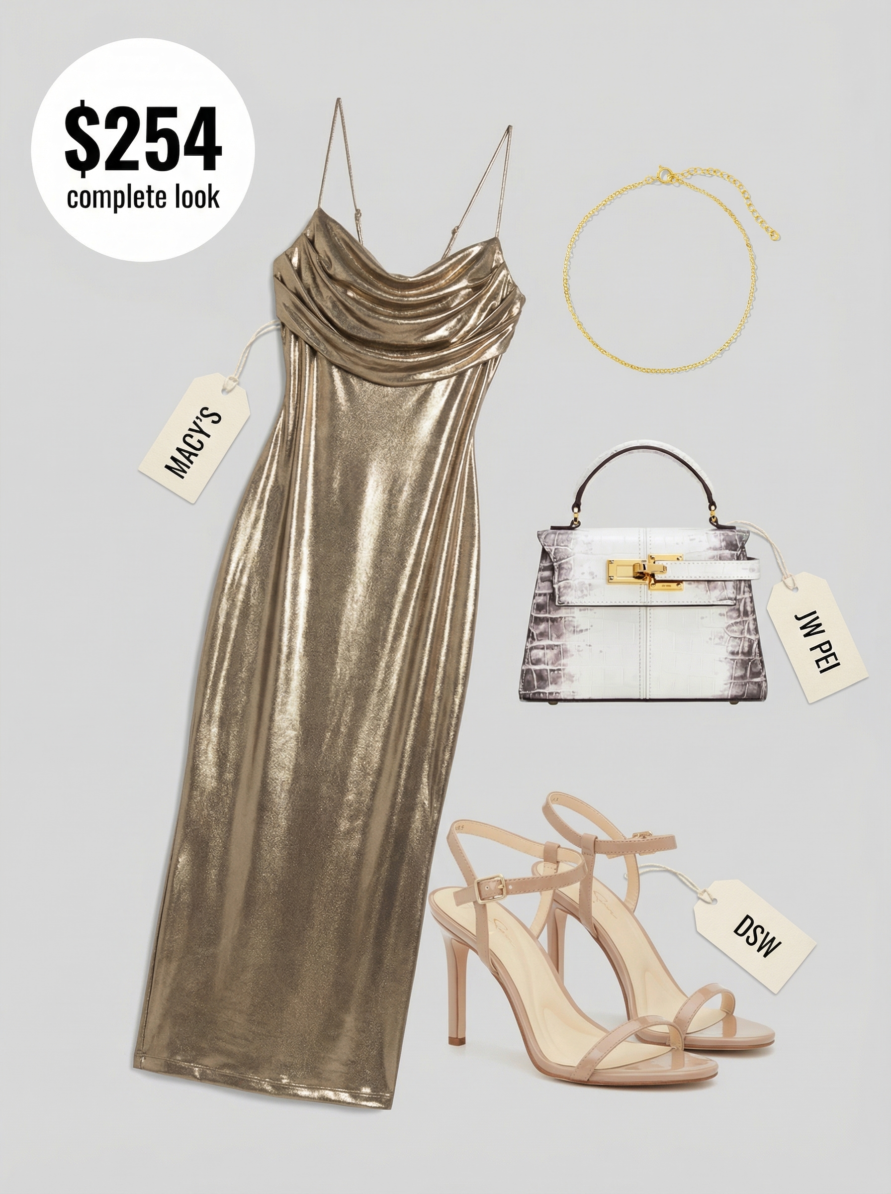 Luxurious Gold Goddess baddie summer outfit featuring a metallic bodycon midi dress, nude heels, and a croc-embossed mini bag, styled for brunch or a day party.