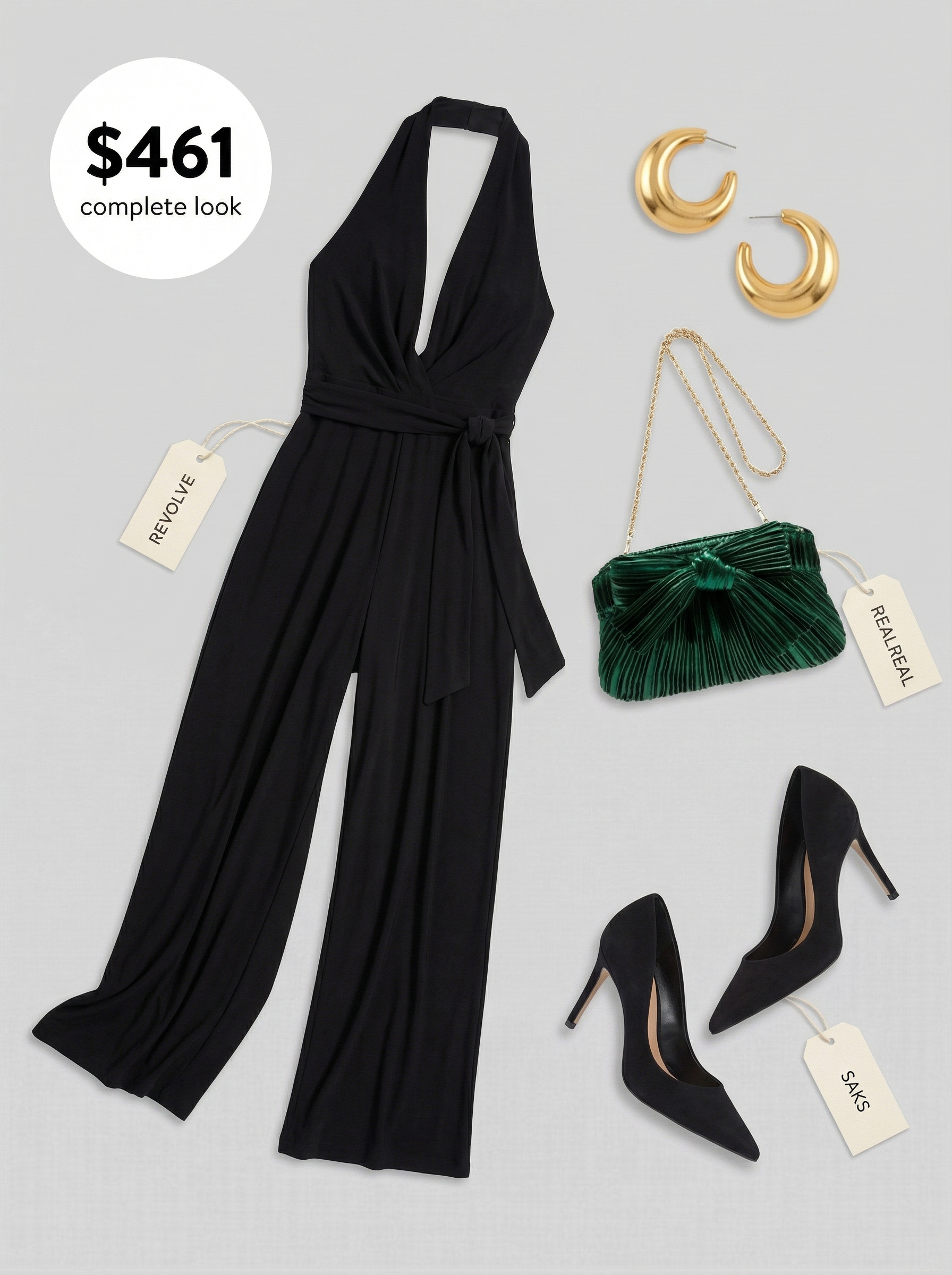 Sophisticated baddie summer night out glam with a black wide-leg jumpsuit, emerald green clutch, gold hoop earrings, and stiletto pumps.