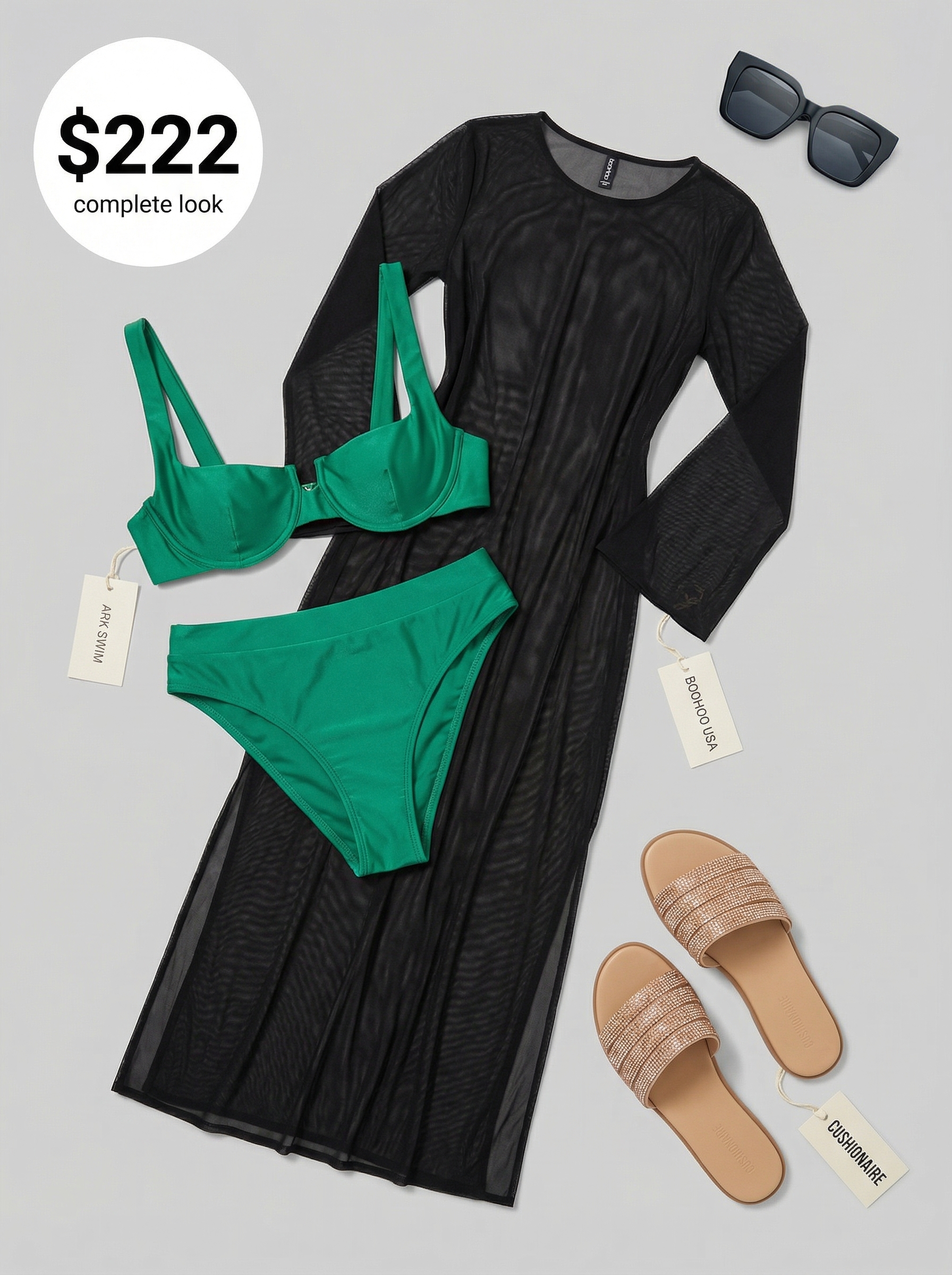 Glamorous emerald green bikini with a black mesh cover-up, gold embellished slides, and oversized sunglasses, making a bold baddie summer outfit for a pool party.