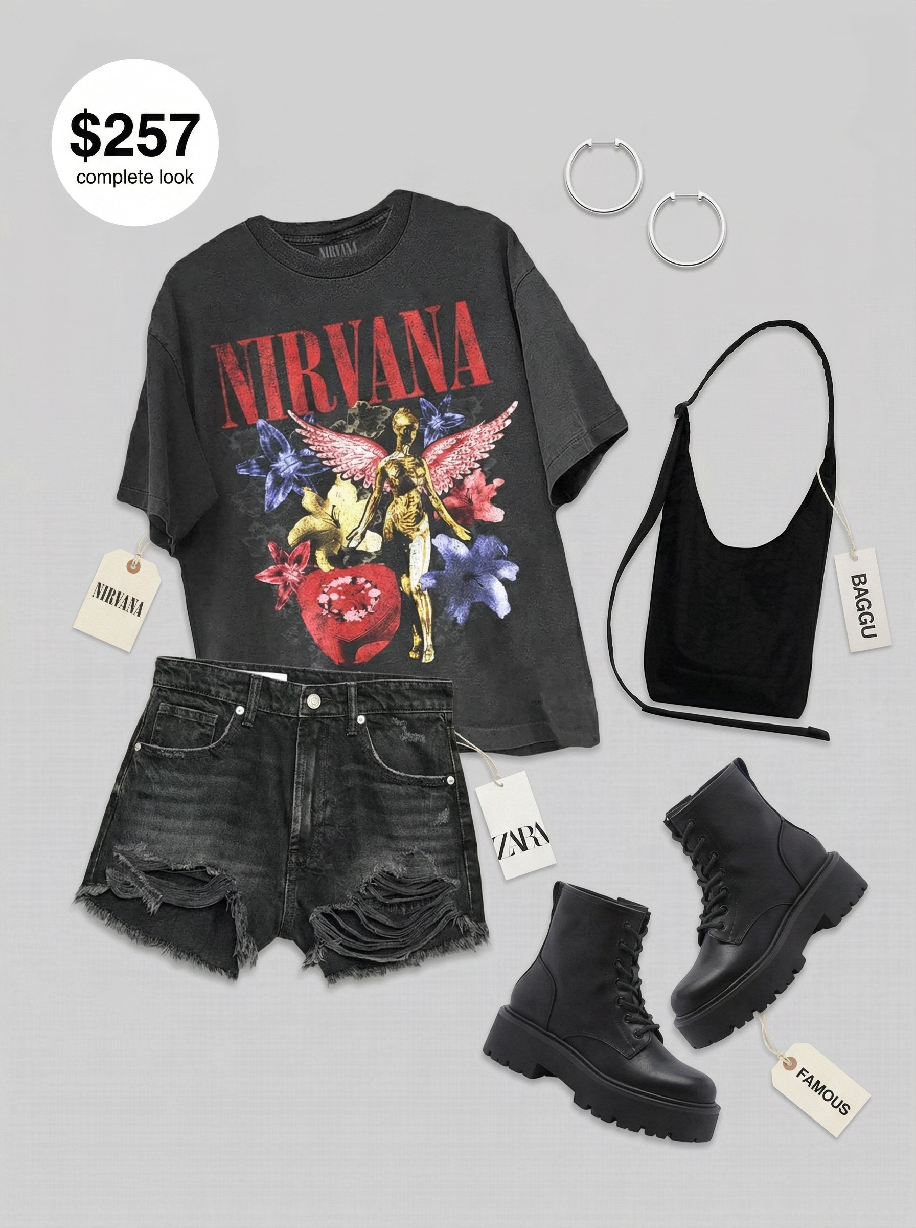 Edgy baddie summer street style with washed black distressed denim shorts, oversized graphic tee, platform combat boots, and layered necklaces.