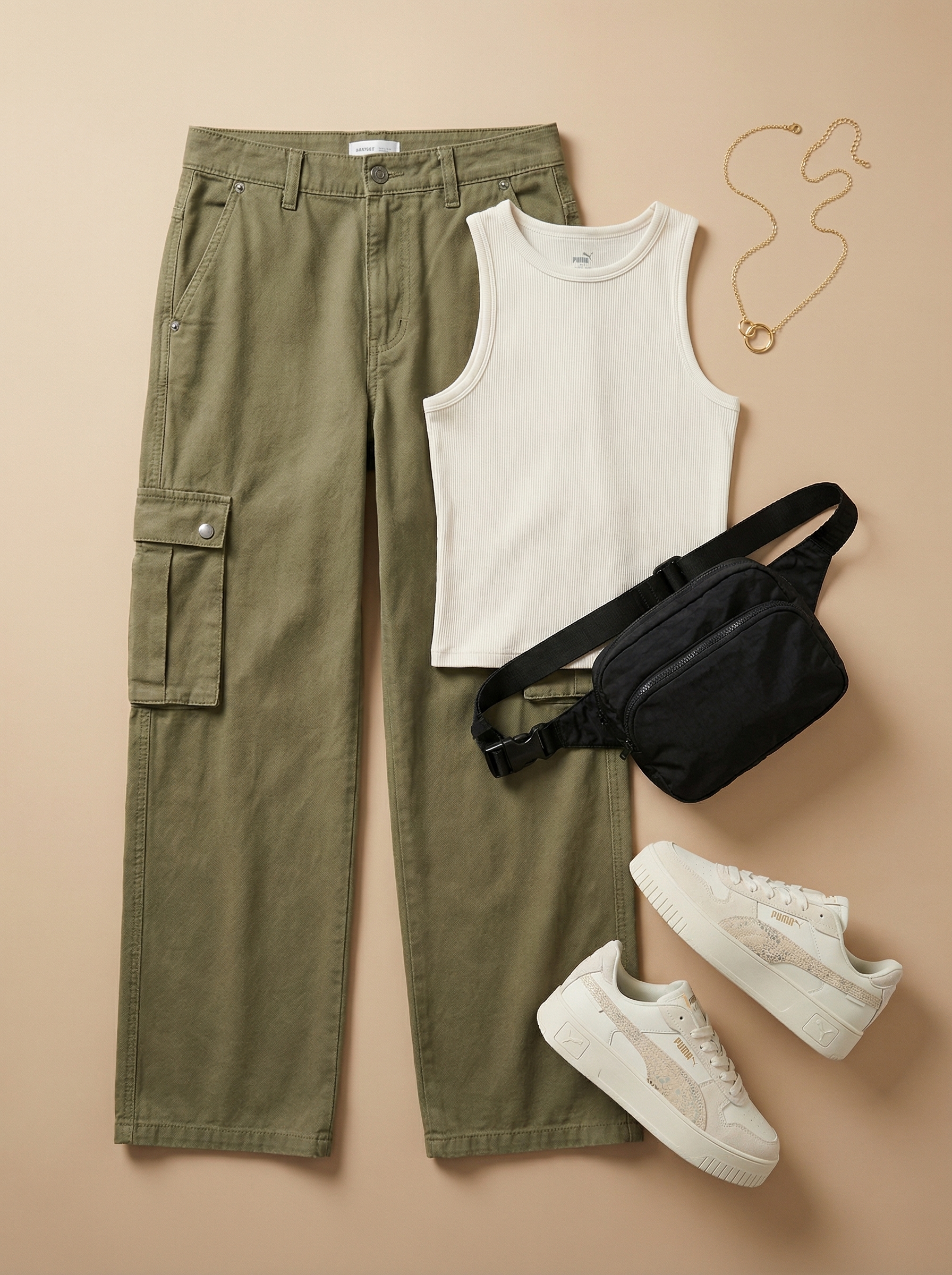 Urban baddie summer outfit with olive green high-waisted cargo pants, a white ribbed crop top, chunky platform sneakers, and a black belt bag for street style.