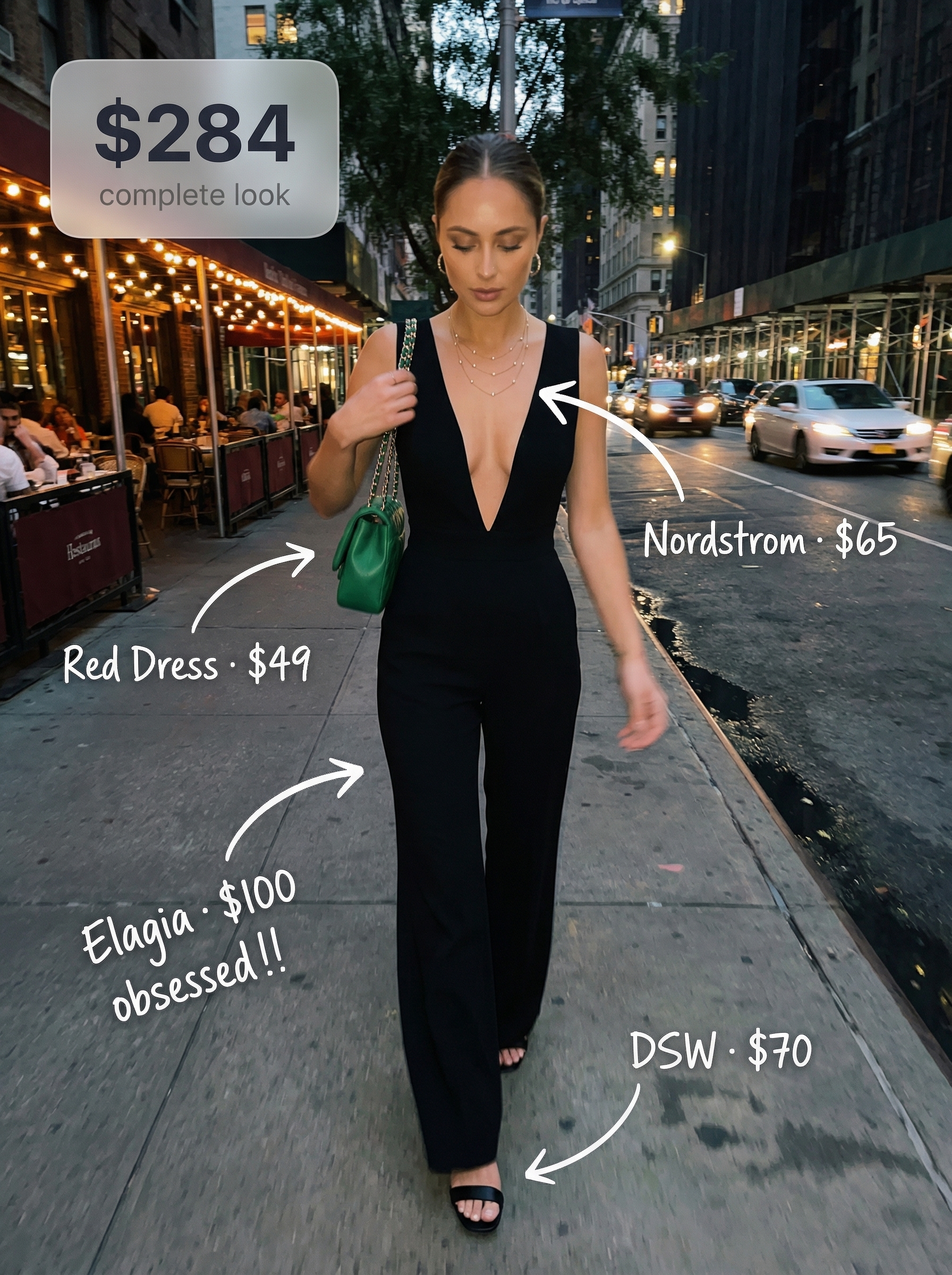 Sultry black baddie summer outfit featuring a wide-leg sleeveless jumpsuit, emerald green shoulder bag, black block heels, and layered gold necklaces for date night.