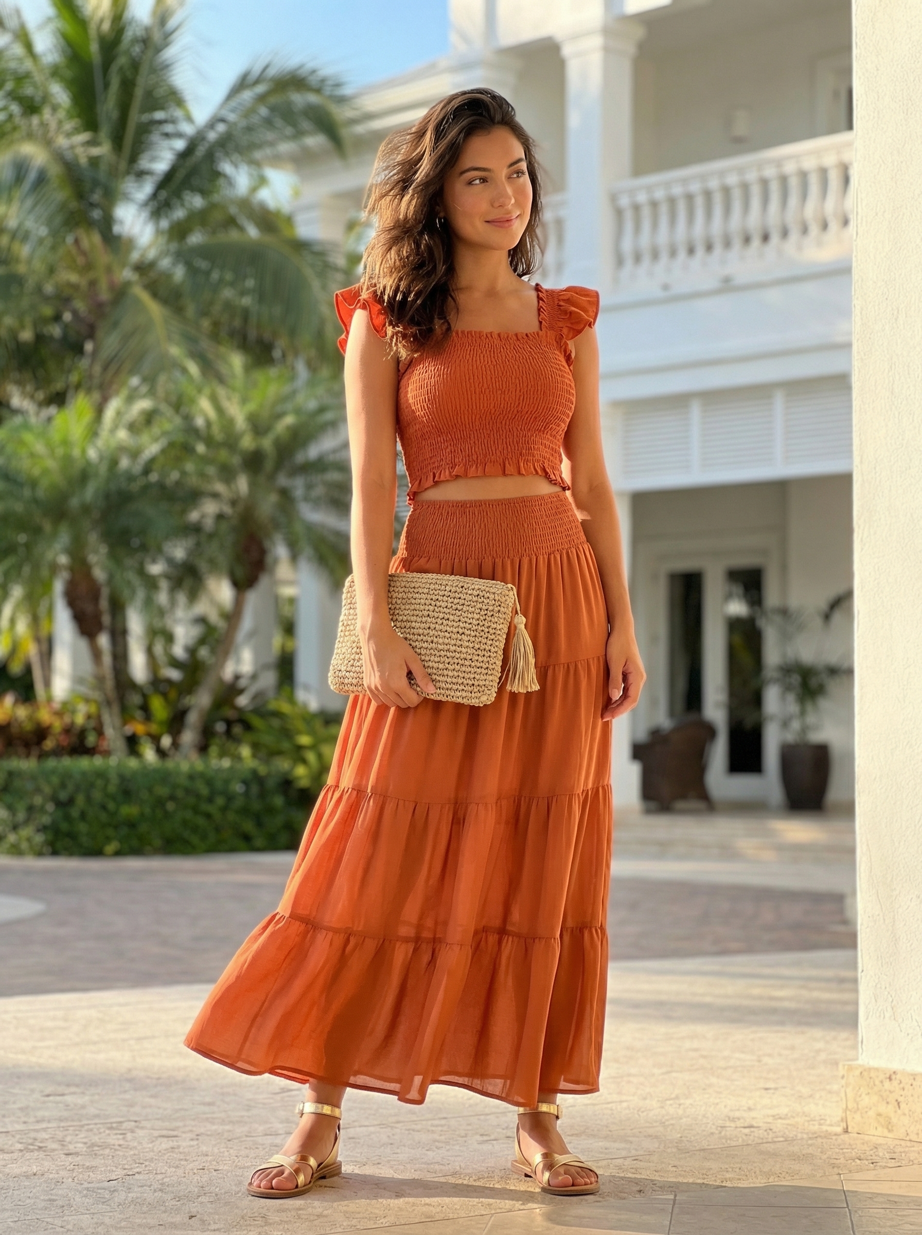 Vibrant Burnt Orange baddie summer outfit for vacation, featuring a linen blend crop top and tiered maxi skirt set, with gold sandals and a raffia clutch.