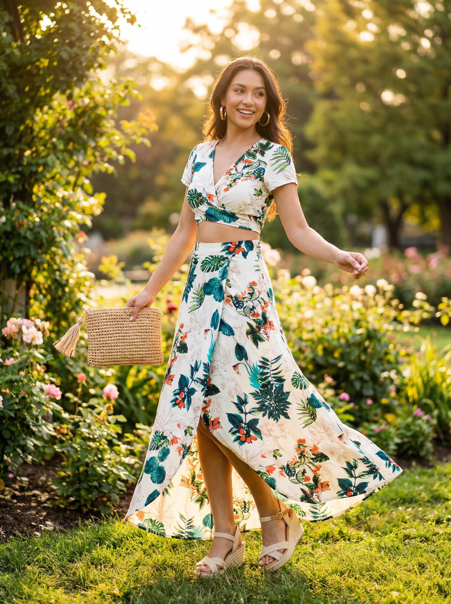 Vibrant green and orange tropical print crop top and matching maxi skirt, gold hoops, and espadrille wedges form a glamorous baddie summer outfit for vacation.