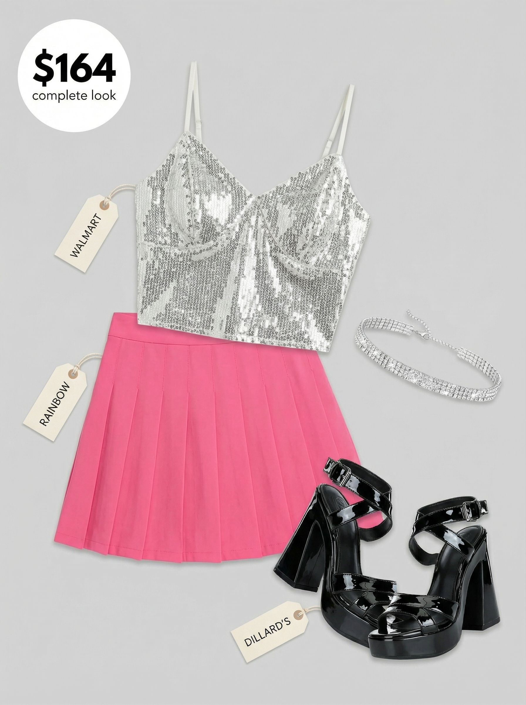 Bold hot pink pleated mini skirt, silver sequin crop top, and black platform heels define a Y2K baddie summer outfit for clubbing, completed with a rhinestone choker.