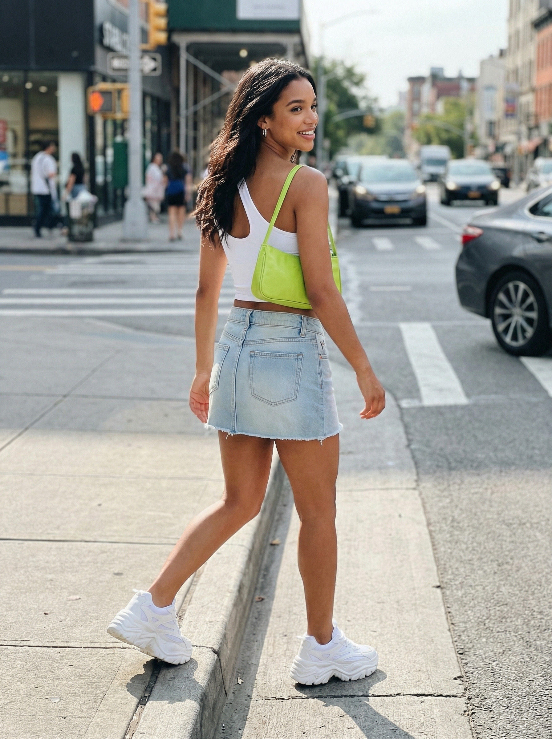 Trendy baddie summer outfit featuring a light wash denim mini skirt, white cut-out crop top, and neon green mini shoulder bag, perfect for a casual outing or day party.
