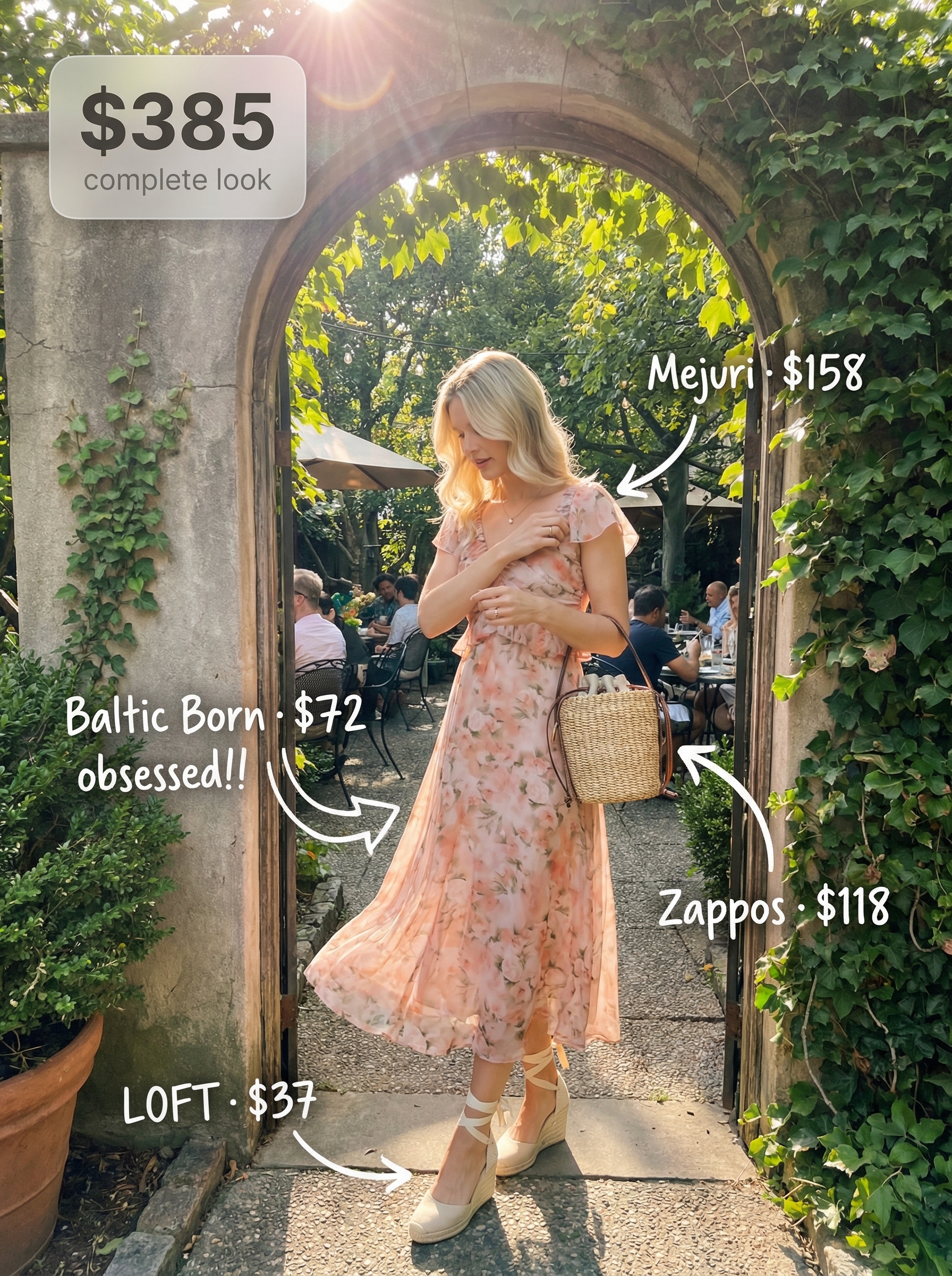 Feminine Floral Birthday Dresses for Brunch 2024 A feminine blush pink floral print flowy midi birthday dress with puff sleeves, paired with jute espadrille wedges and a small woven straw crossbody for a delightful birthday brunch.