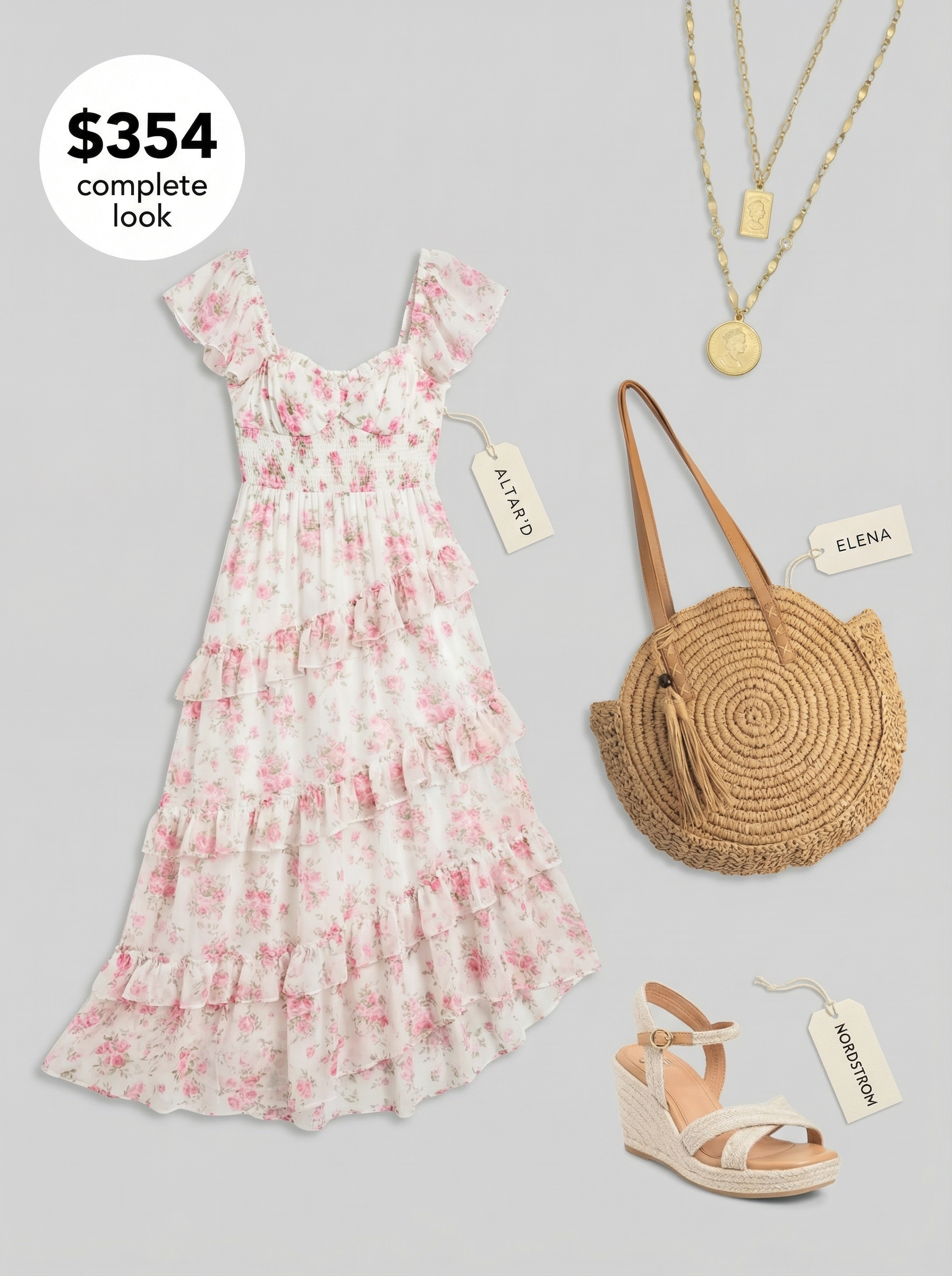 Boho Chic Garden Party Birthday Dresses 2024 A romantic dusty rose floral print flowy maxi birthday dress with ruffles, styled with tan wedge espadrilles and a round straw crossbody bag for a bohemian garden party or casual birthday.