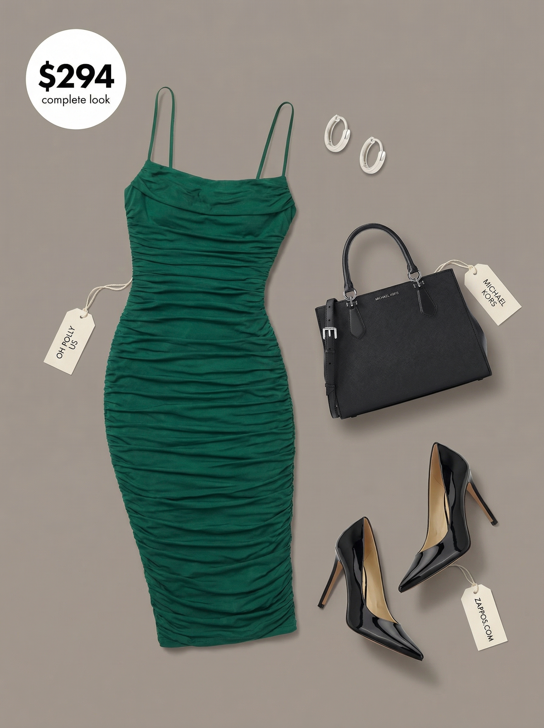 City Chic Birthday Dresses 2024 Sophisticated emerald green bodycon midi dress with a square neckline, black patent leather pumps, a structured top-handle bag, and silver hoop earrings, chic birthday dresses.