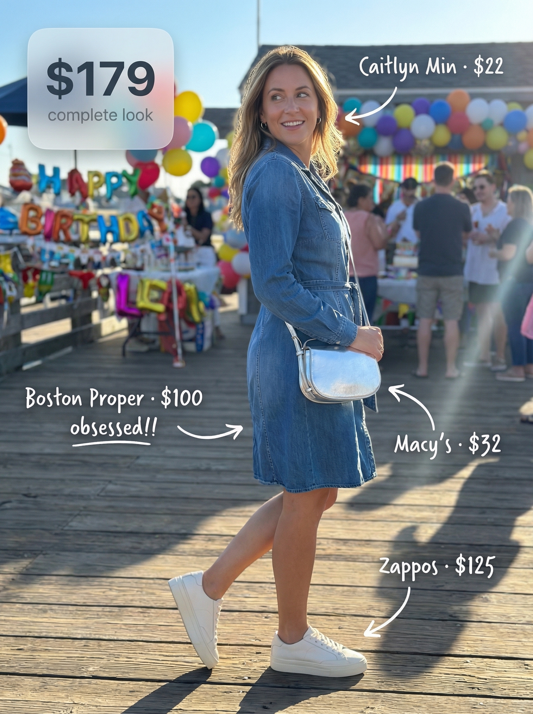 Effortless Cool Birthday Dresses 2024 Effortless medium wash denim shirt dress, white platform sneakers, a silver metallic crossbody bag, and minimalist hoop earrings, casual birthday dresses.