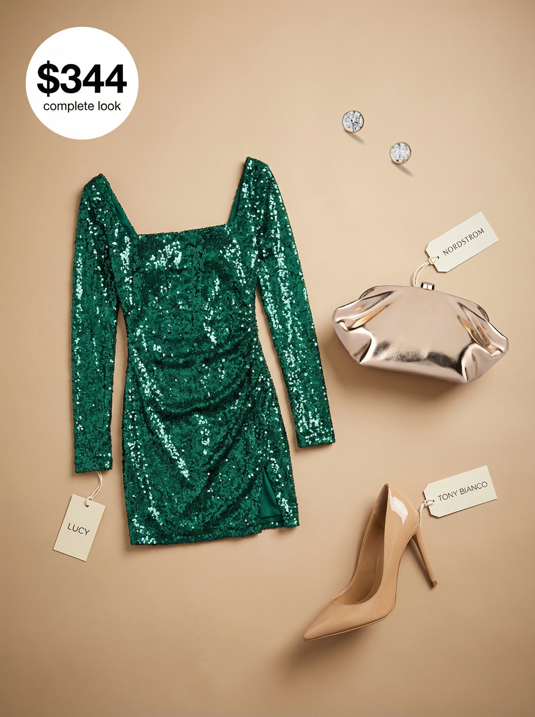 Sparkling Sequin Birthday Dresses 2024 A glamorous emerald green sequin mini birthday dress with long sleeves and a mock neck, paired with nude stiletto heels and a gold metallic clutch for a festive birthday bash or night out.