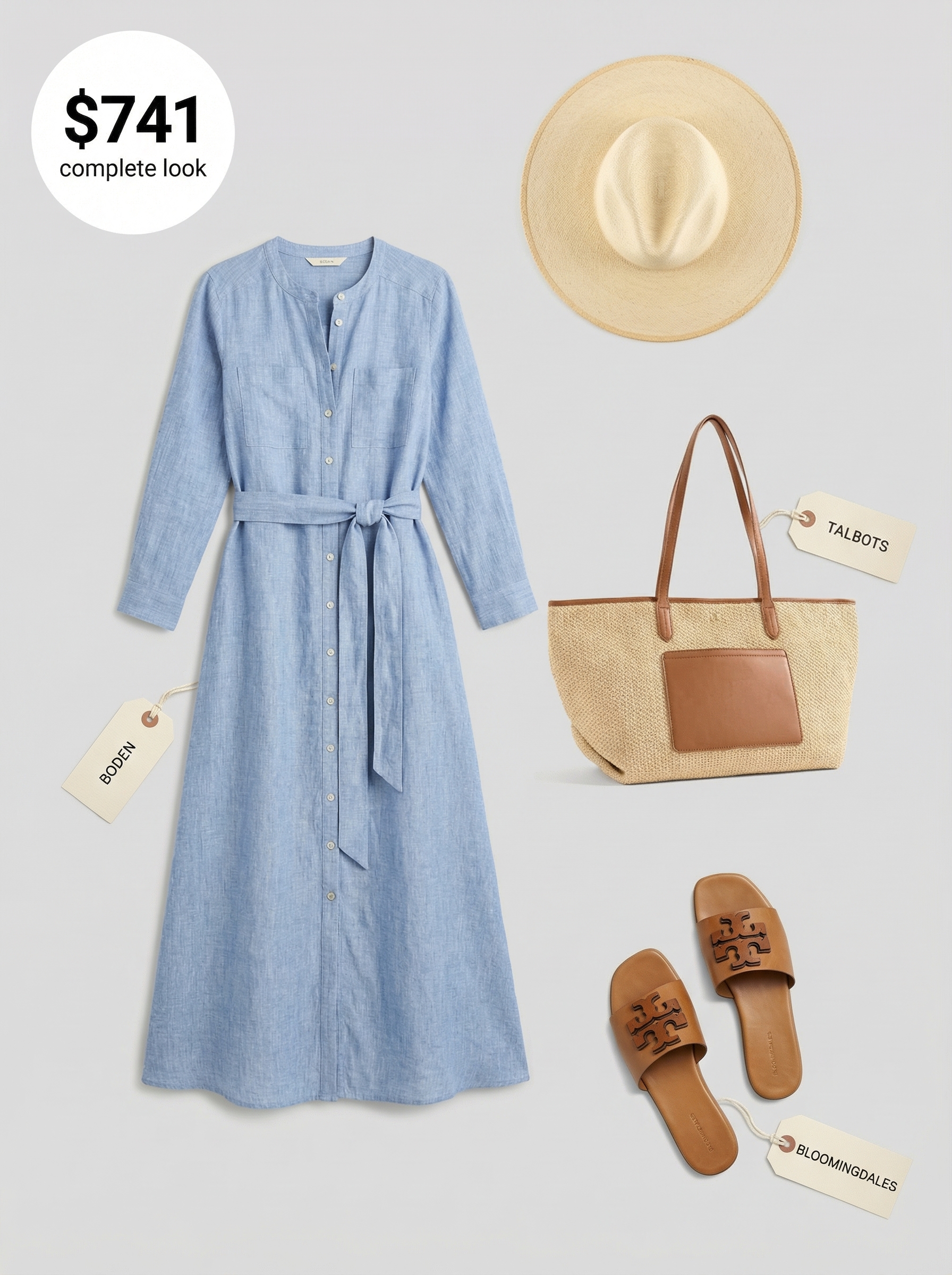Casual Coastal Birthday Dresses 2024 An effortless sky blue linen blend oversized shirt birthday dress with a self-tie belt, layered over a swimsuit, styled with tan slide sandals and a large white tote for a casual beach birthday.