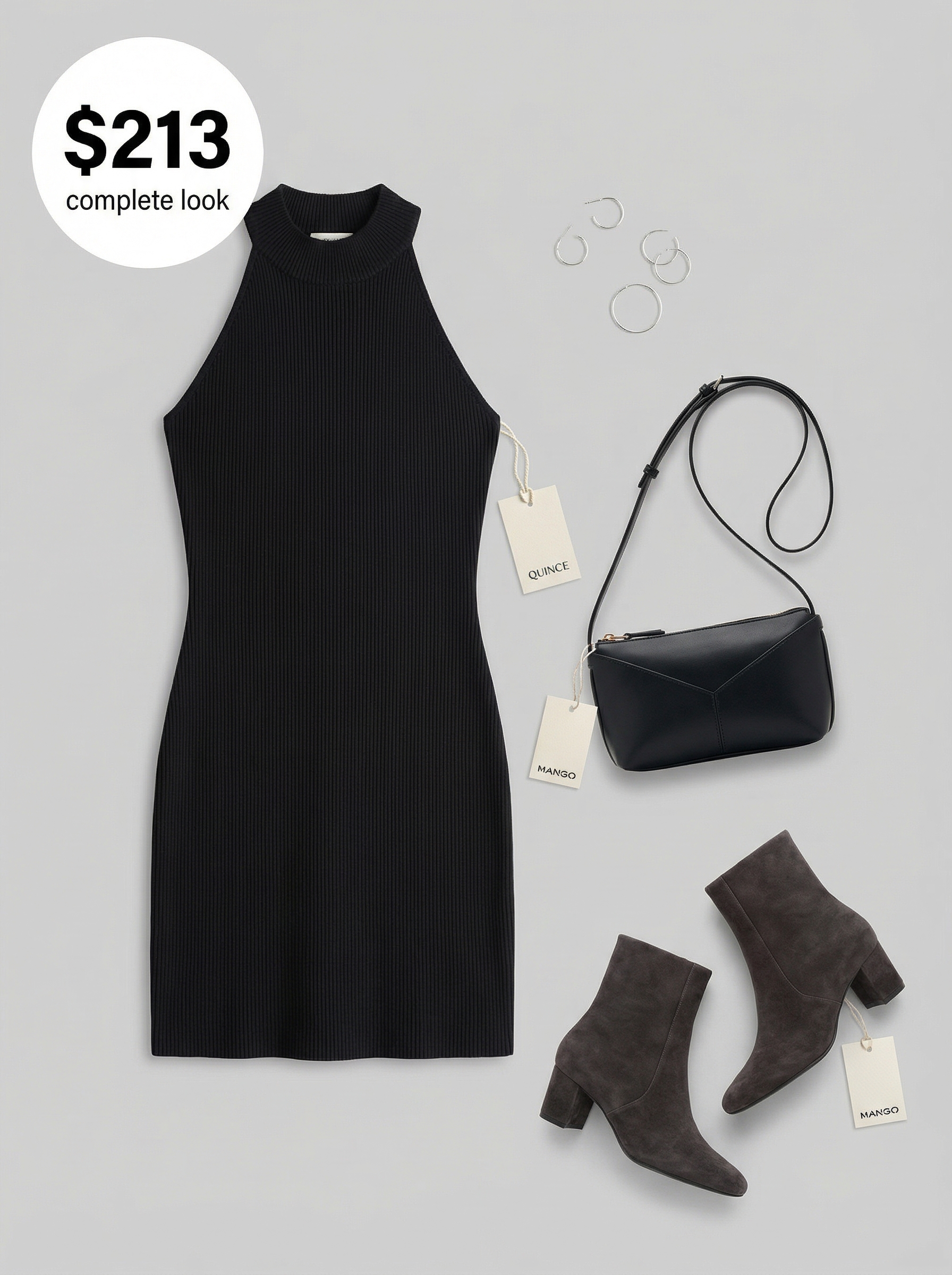 Modern Minimalist Birthday Dresses 2024 Sleek black ribbed knit bodycon mini dress, charcoal suede ankle boots, and a black crossbody bag, perfect birthday dresses for a modern cocktail party or dinner date.