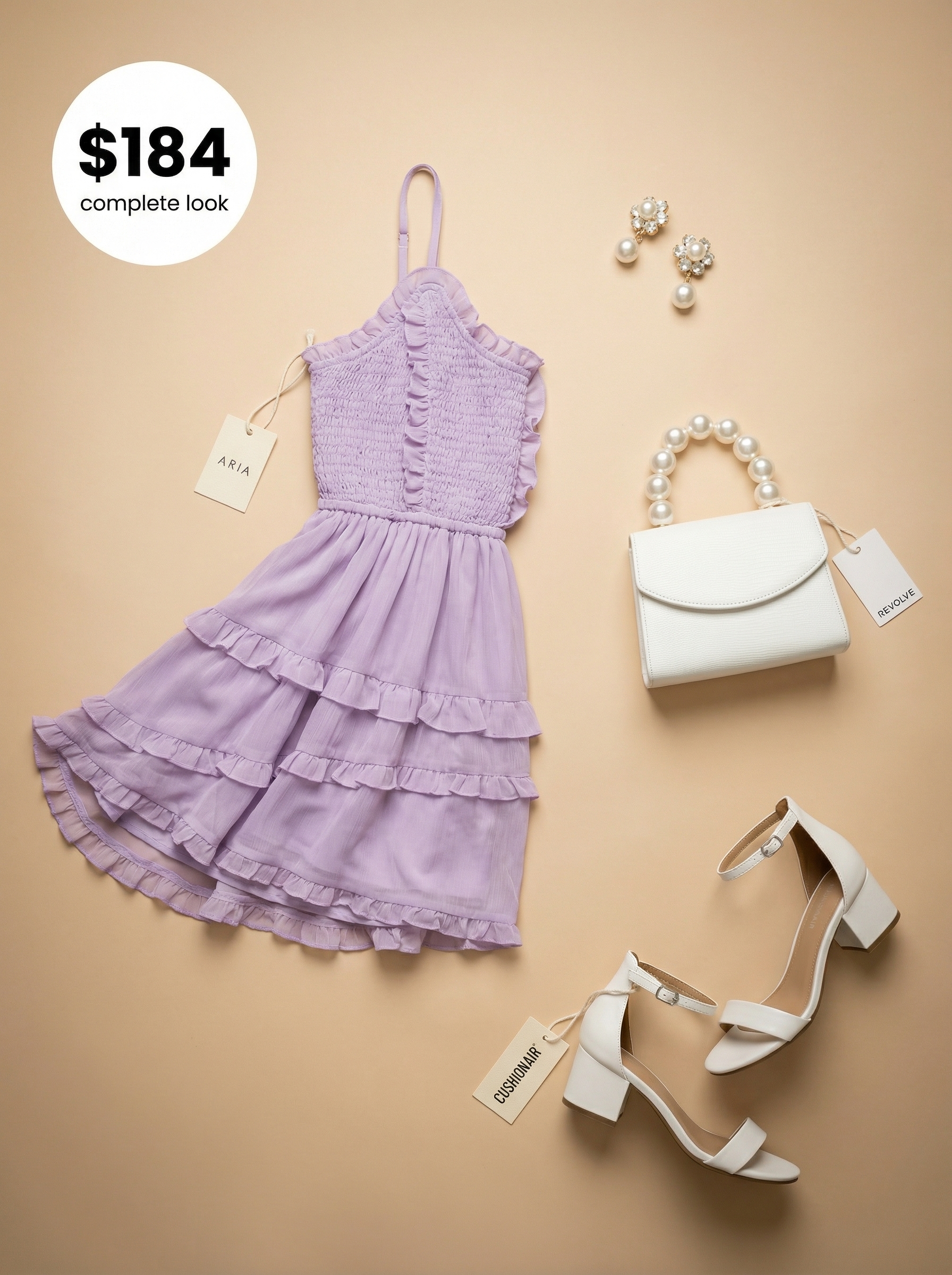Playful Pastel Birthday Dresses 2024 Sweet lavender chiffon mini dress with ruffles, white block heel sandals, a cream pearl top-handle bag, and pearl drop earrings, adorable birthday dresses.