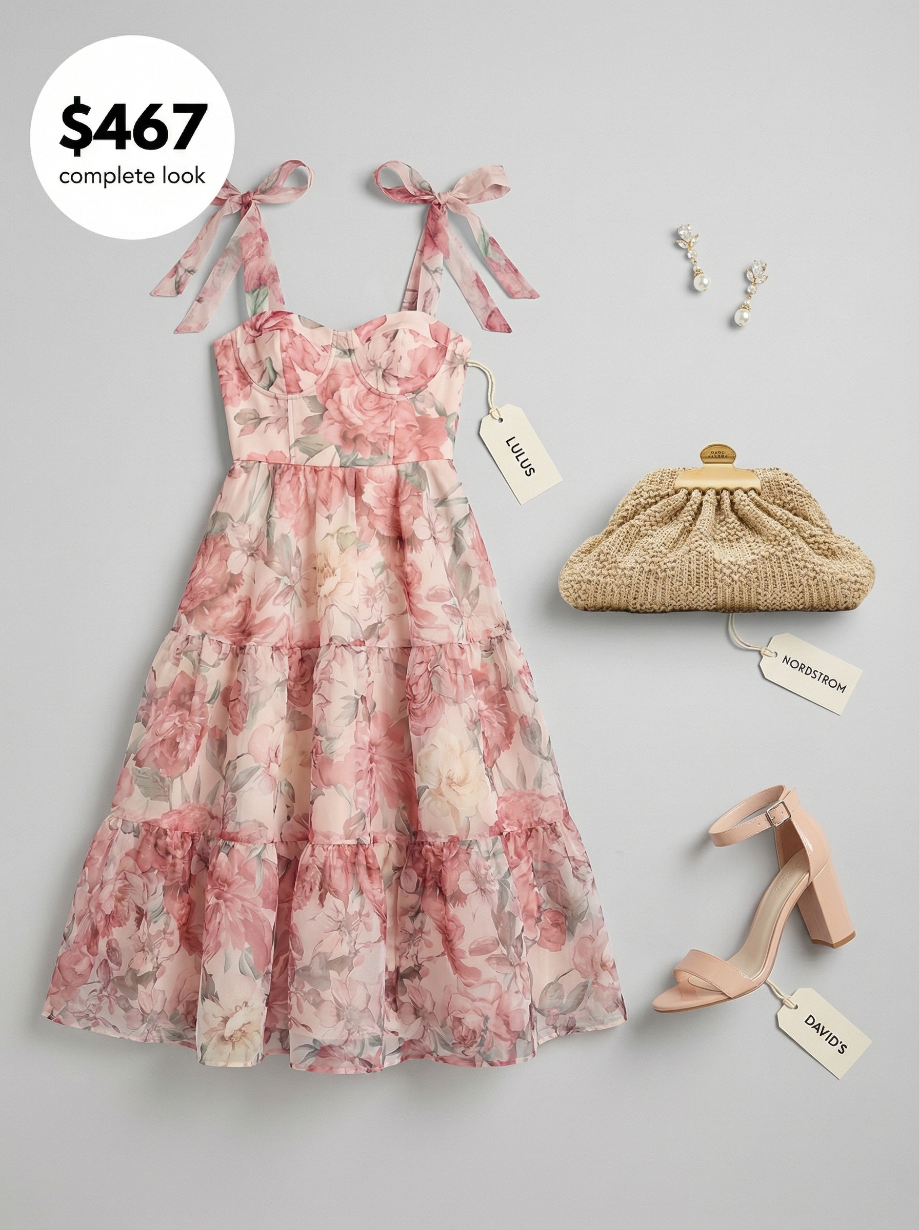Romantic Ruffle Birthday Dresses 2024 Feminine blush pink floral print midi dress with ruffles and a sweetheart neckline, nude block heel sandals, a cream woven clutch, and gold pearl drop earrings, romantic birthday dresses.
