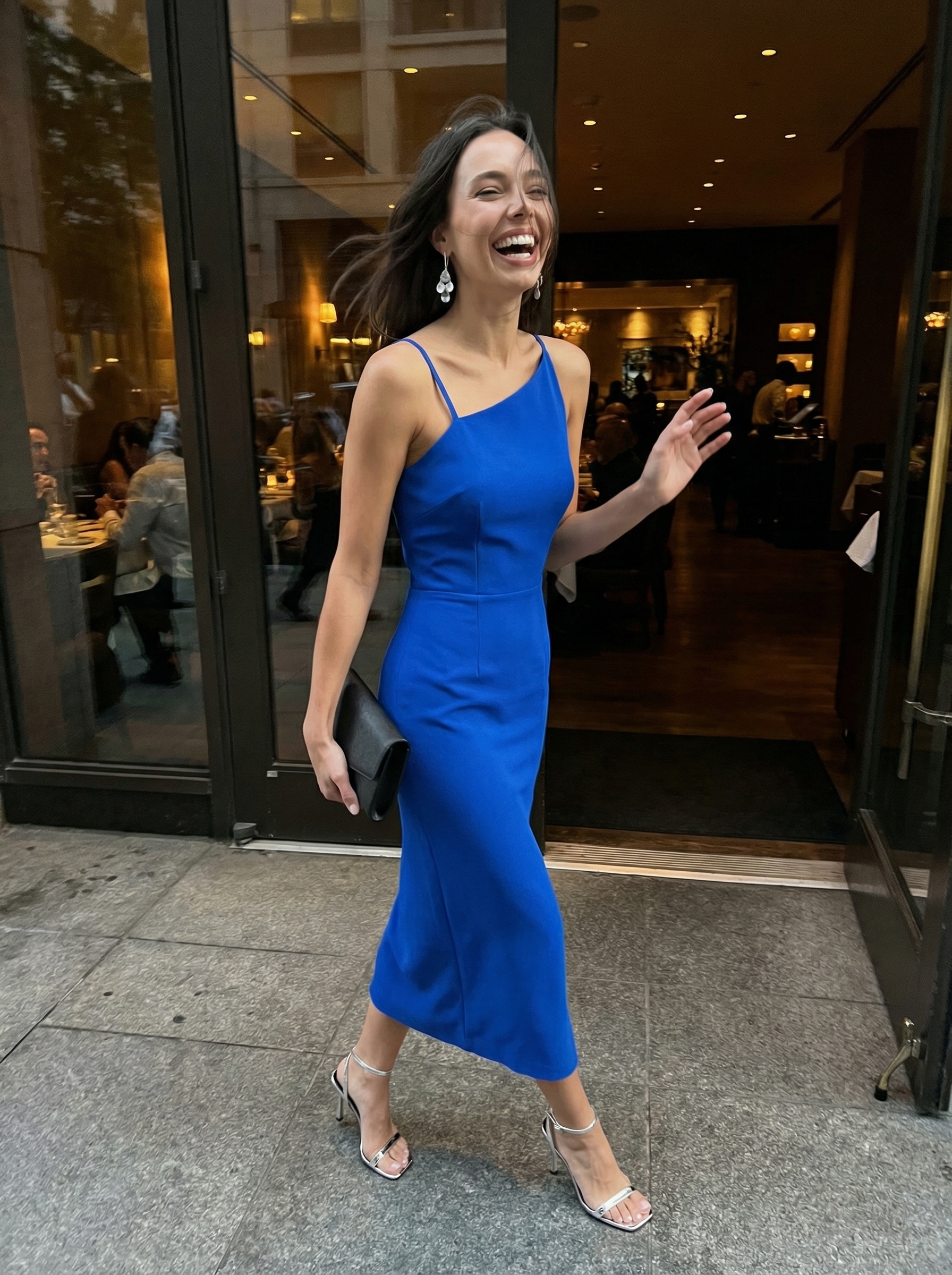 Sophisticated Sapphire Birthday Dresses 2024 An elegant sapphire blue stretch crepe bodycon midi birthday dress with a square neckline, paired with silver strappy high-heeled sandals and a black envelope clutch for a sophisticated cocktail party.