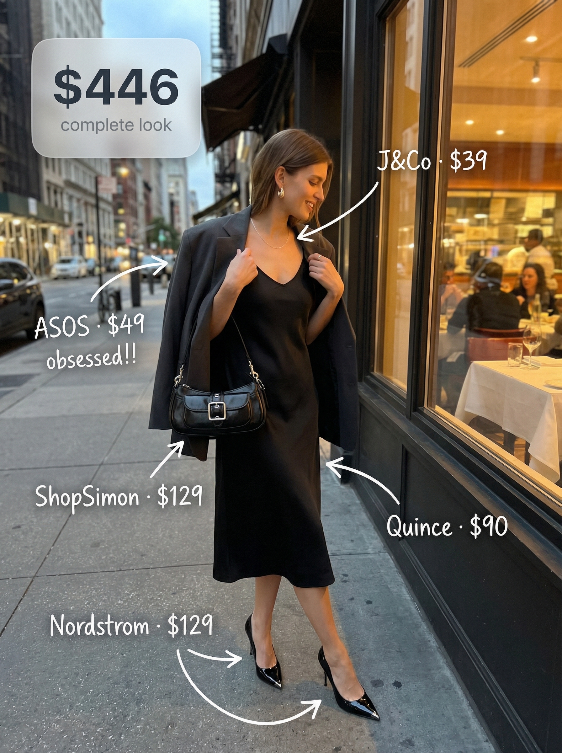 Chic City Birthday Dinner Outfits 2024 A sophisticated black silk satin slip dress layered under a charcoal grey oversized tailored blazer, worn for a birthday dinner, paired with black stiletto pumps and a mini shoulder bag.