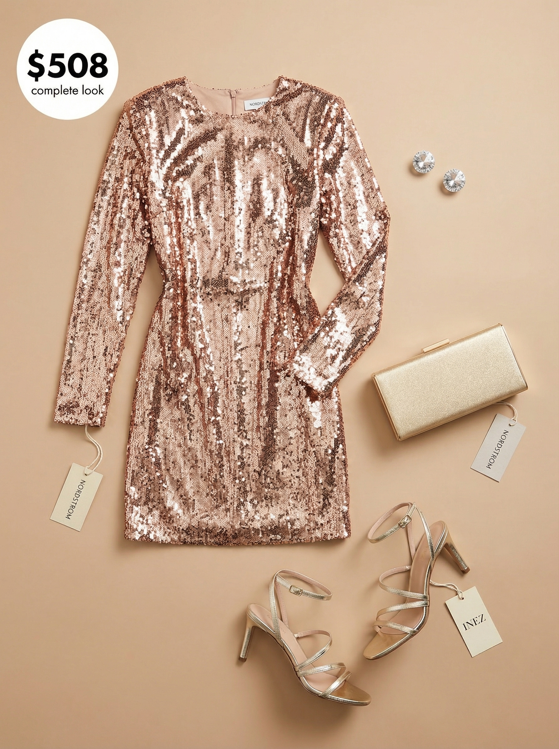 Sparkle & Shine Birthday Dresses 2024 Bold rose gold sequin long-sleeve mini dress with a mock neck, metallic strappy heels, a structured box clutch, and stud earrings, dazzling birthday dresses.