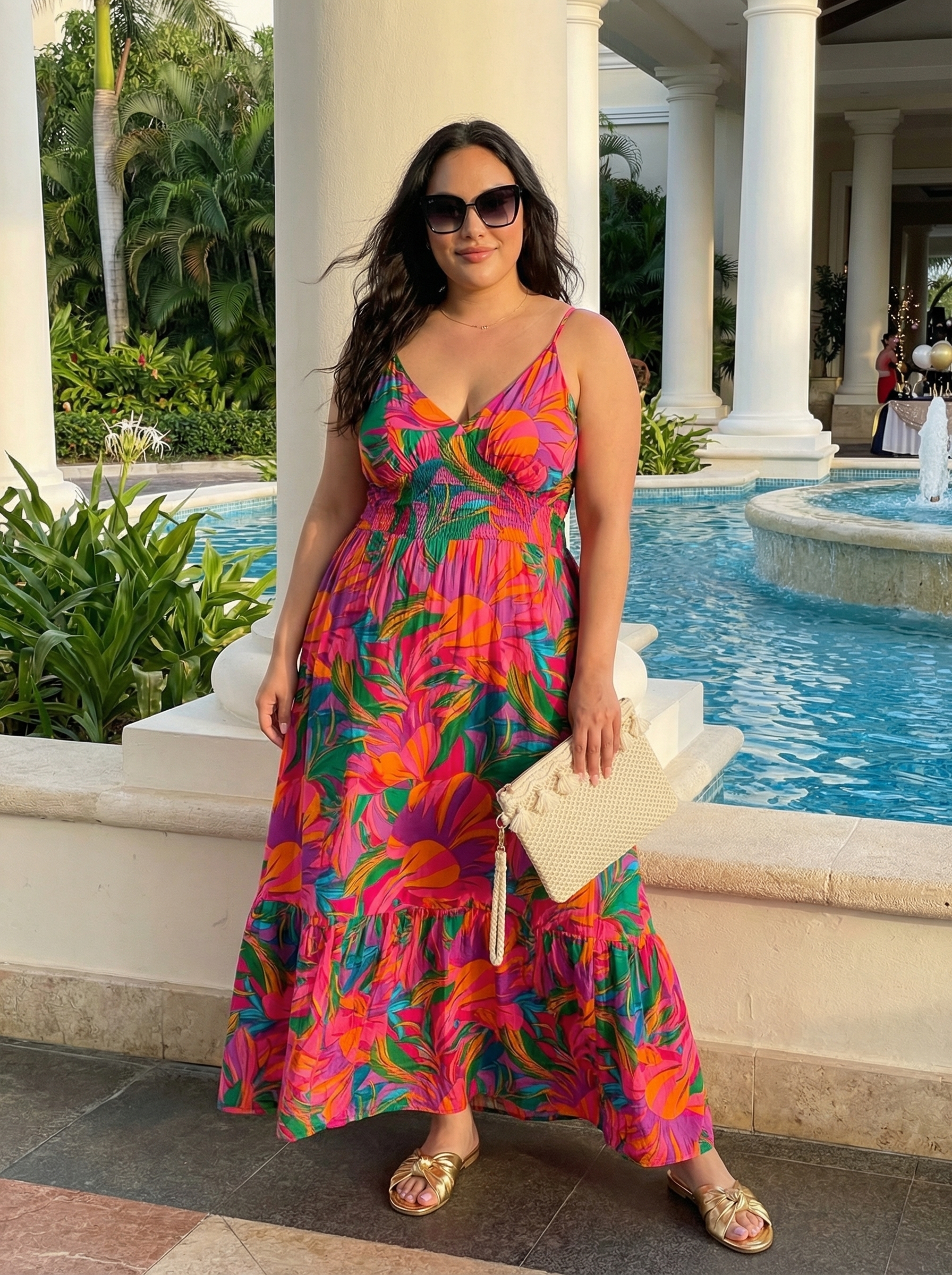 Vibrant Tropical Birthday Dresses 2024 A vibrant tropical print flowy tiered maxi birthday dress in emerald green with fuchsia and orange, styled with gold slide sandals and a woven straw clutch for a resort birthday or vacation dinner.