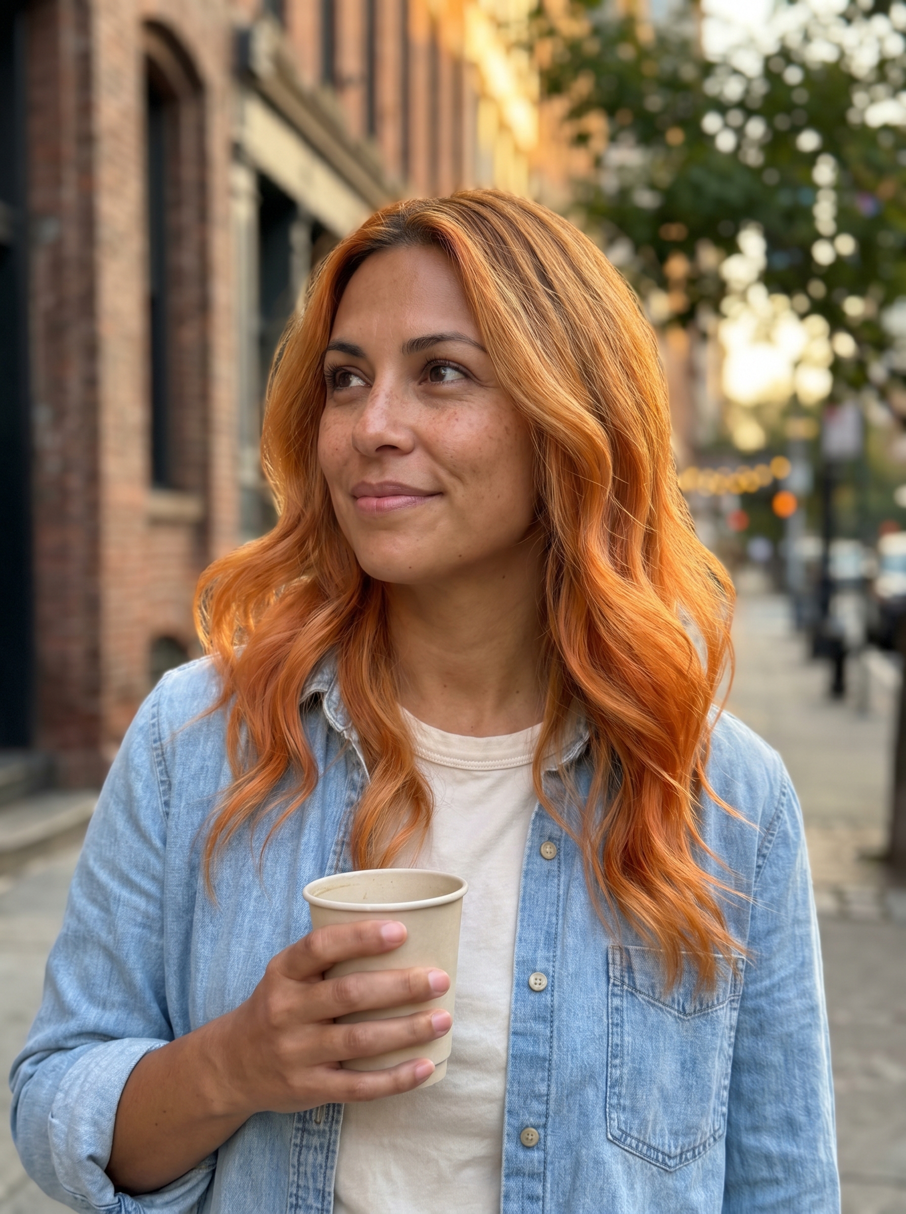A close-up of a model's hair showcasing nectarine blonde balayage with a subtle Scandi hairline, perfect for blonde hair inspo summer 2026. This sun-kissed, radiant style features warm peach gold and apricot tones, ideal for everyday wear or a special occasion.