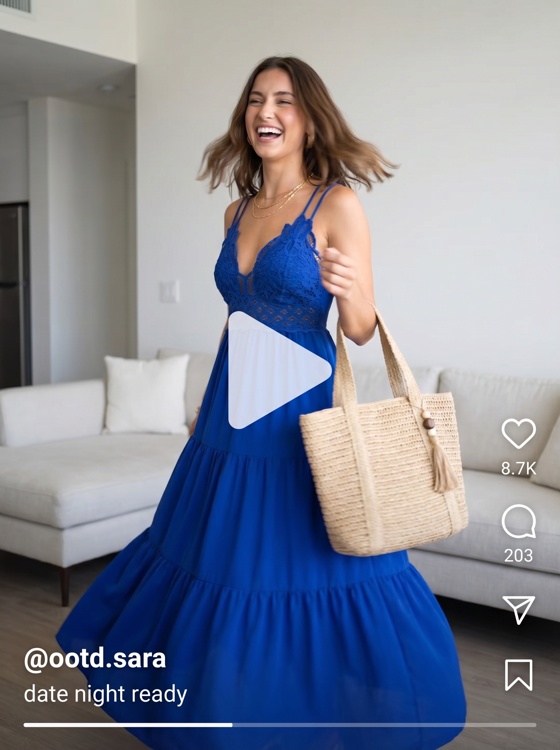 Relaxed cobalt blue crinkle cotton maxi dress with espadrille sandals and a straw tote bag, a top casual summer dresses 2026 option.