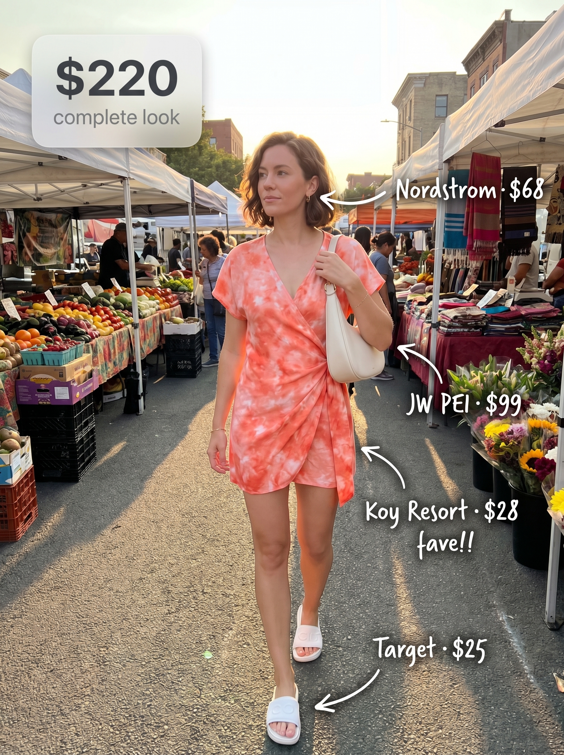 Playful coral tie-dye mini dress with white slide sandals, a white mini shoulder bag, and gold hoop earrings, a trendy option for casual summer dresses 2026 beach days.