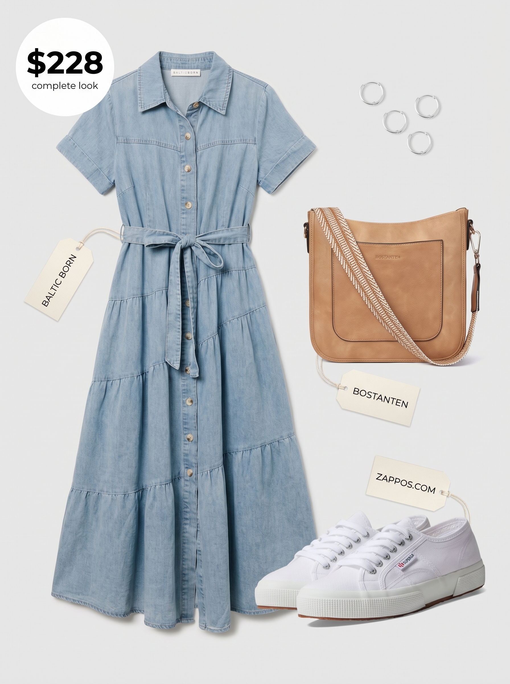 Stylish light wash denim shirt dress with rolled sleeves, white sneakers, and a tan crossbody for casual summer dresses 2026.