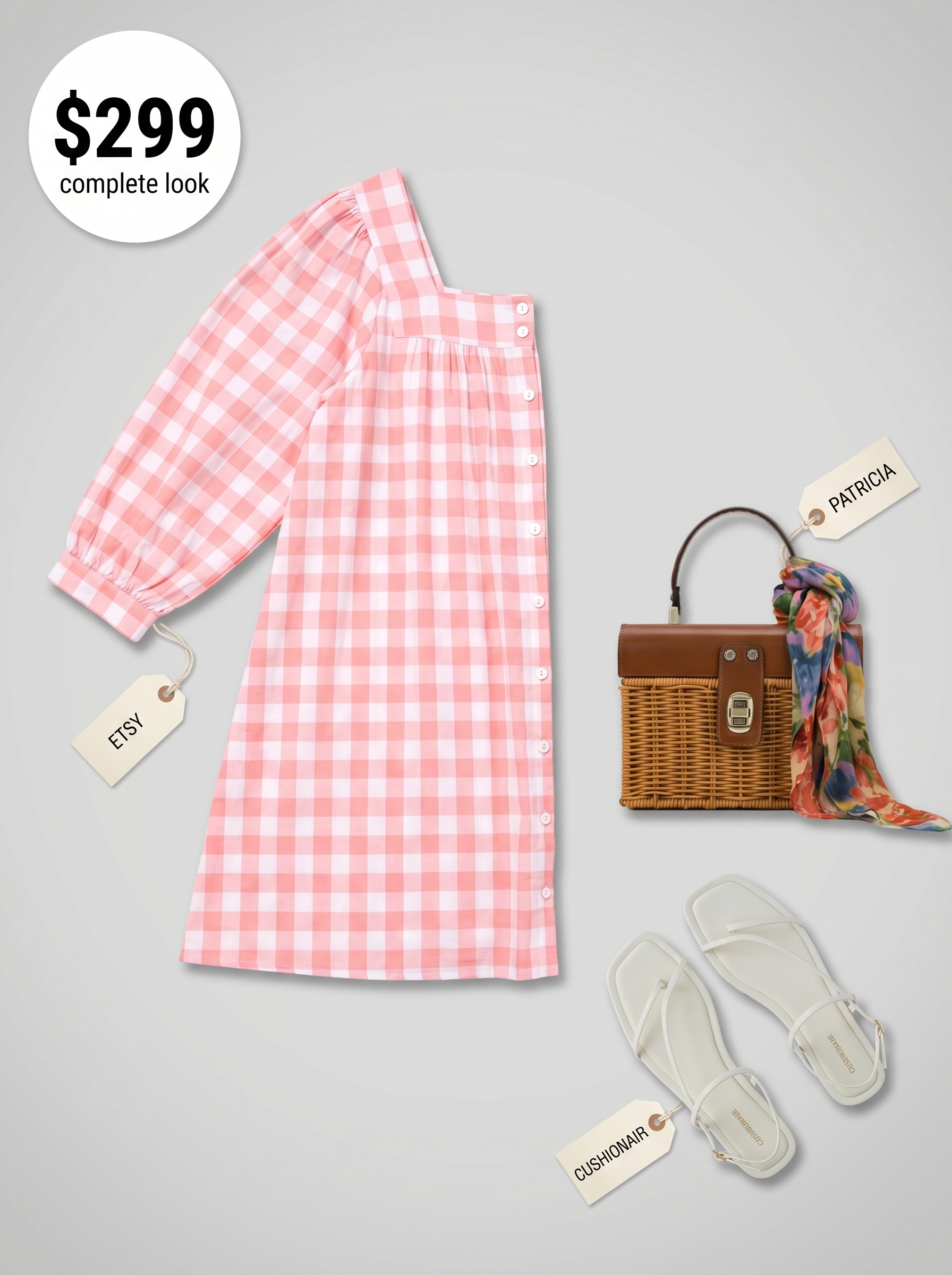 Adorable pink and white gingham mini dress with puff sleeves, styled with white flat sandals and a tan wicker basket bag, representing casual summer dresses 2026 for a picnic.