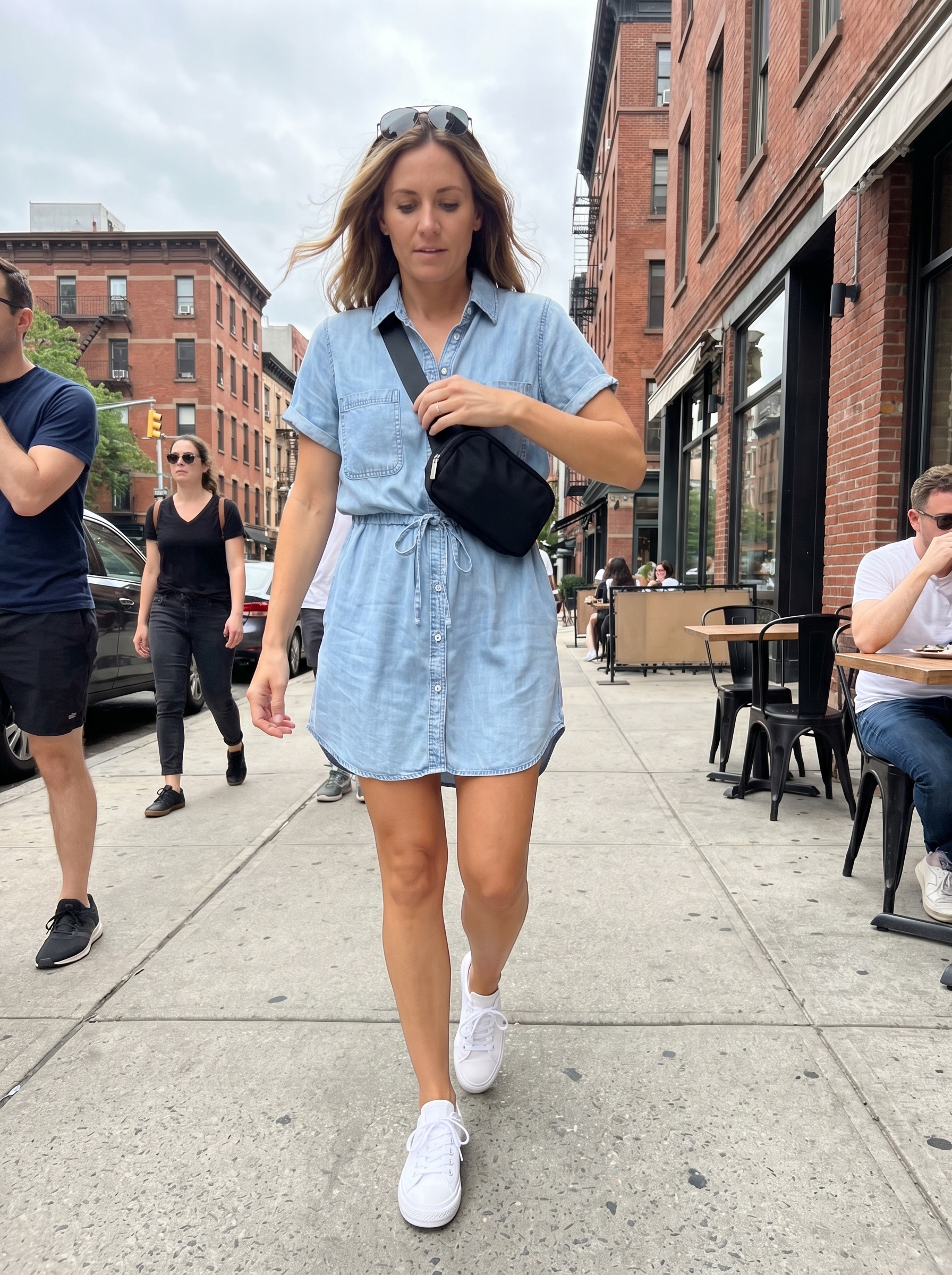 Modern light wash denim shirt dress with white sneakers, a black crossbody belt bag, and black aviator sunglasses, showcasing casual summer dresses 2026 for urban exploration.