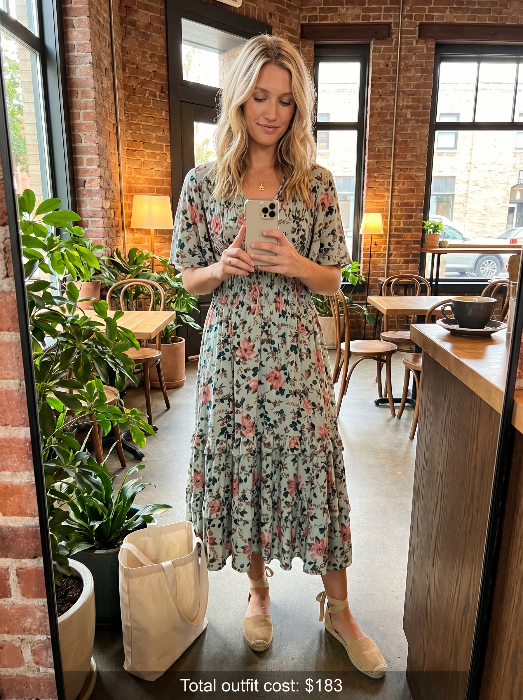 Feminine soft green and pink floral tiered midi sundress with espadrille flats, perfect for casual summer dresses 2026 picnics.