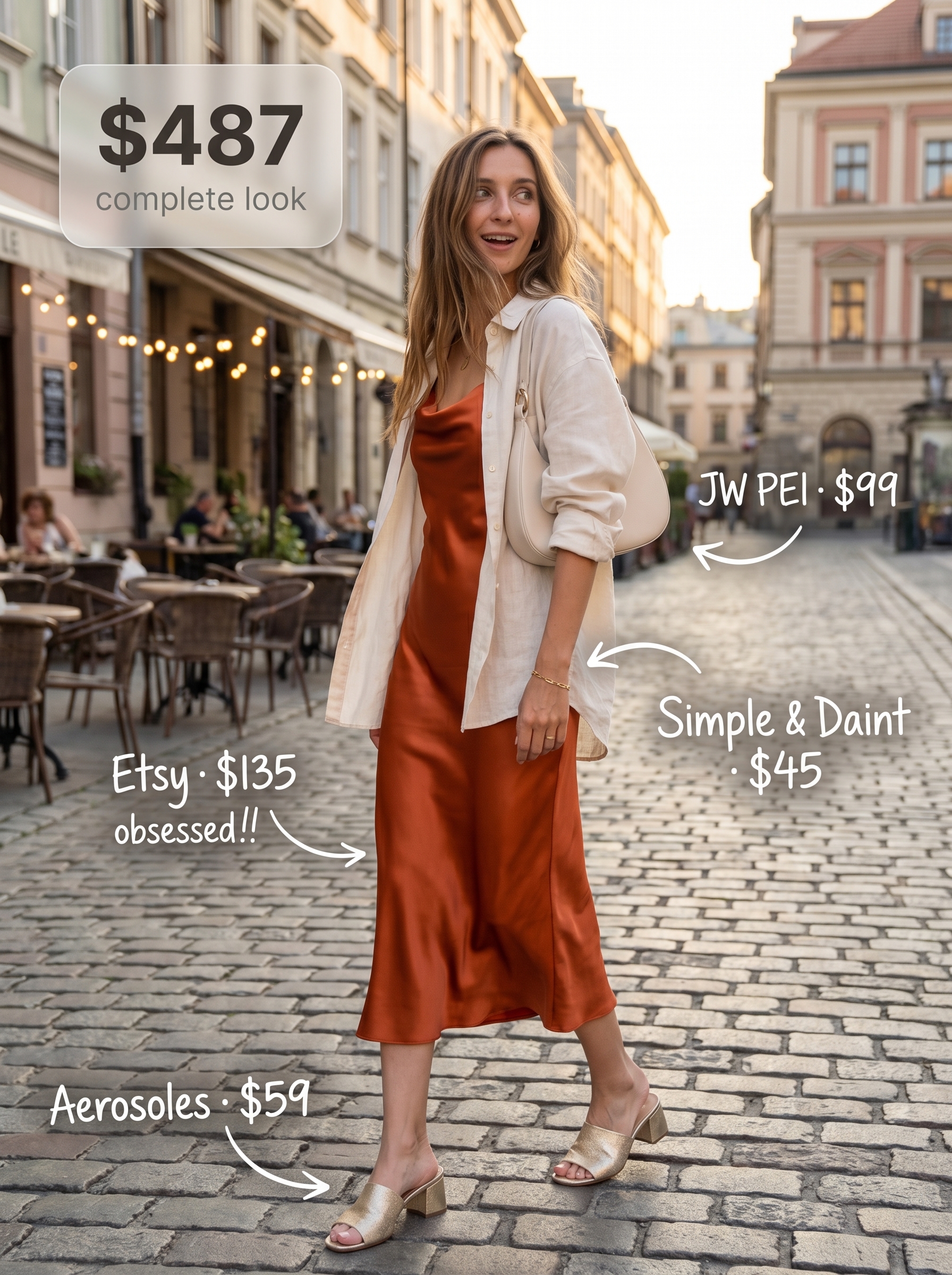An elegant rust satin slip dress worn with an open cream linen shirt, gold sandals, and a cream mini bag perfect for casual summer dresses 2026 Al Fresco dining. Effortlessly chic summer evening outfit.