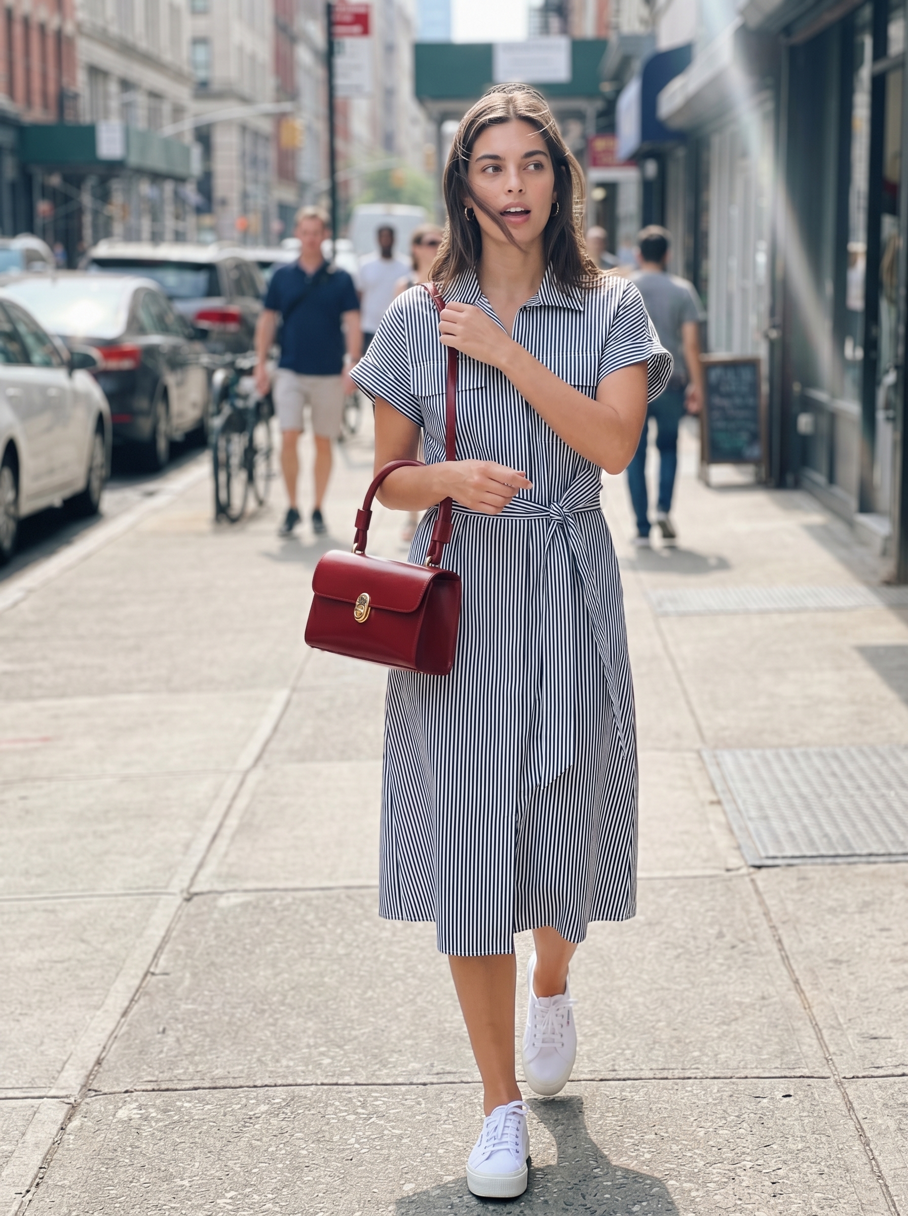 Classic navy and white striped midi shirt dress with platform sneakers, a red crossbody bag, and red sunglasses, ideal for casual summer dresses 2026 brunch.