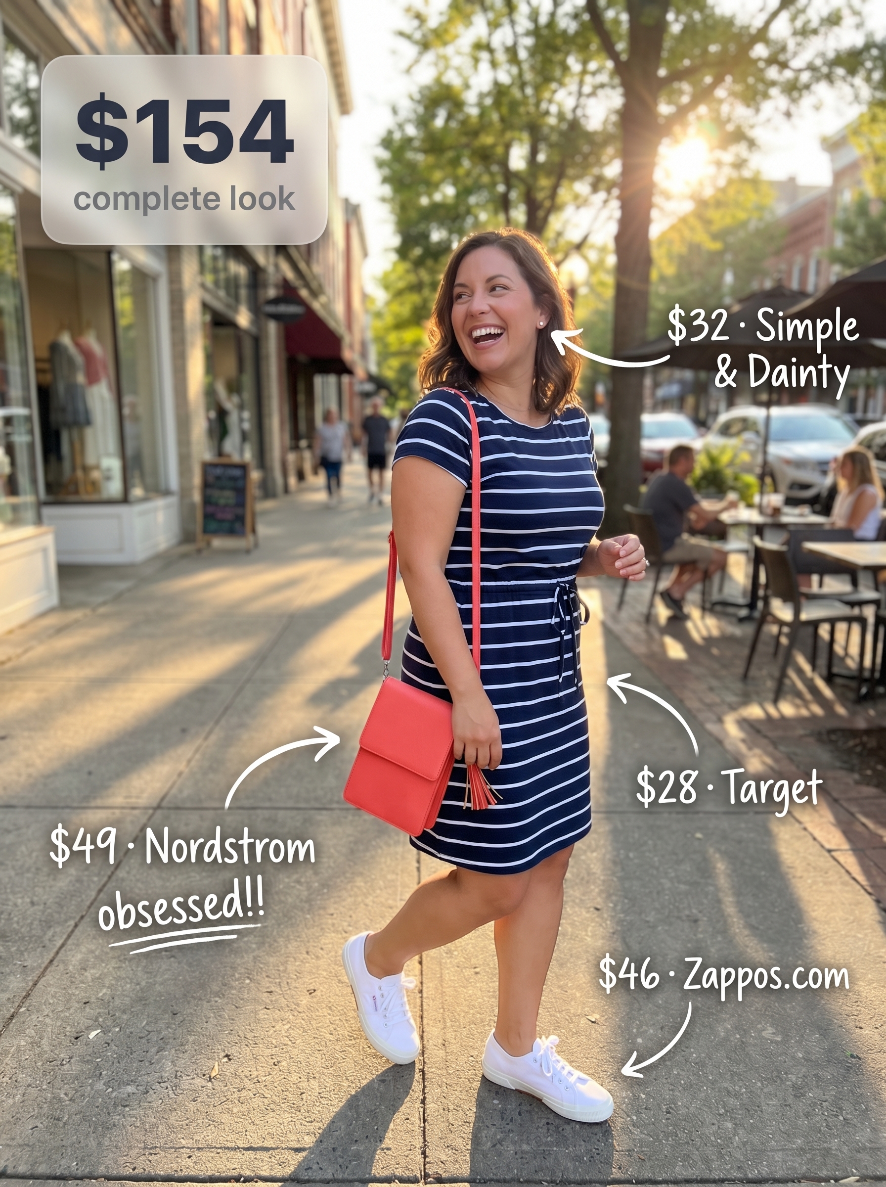 Playful navy and white striped T-shirt dress with white sneakers and a coral crossbody bag, a great casual summer dress 2026.