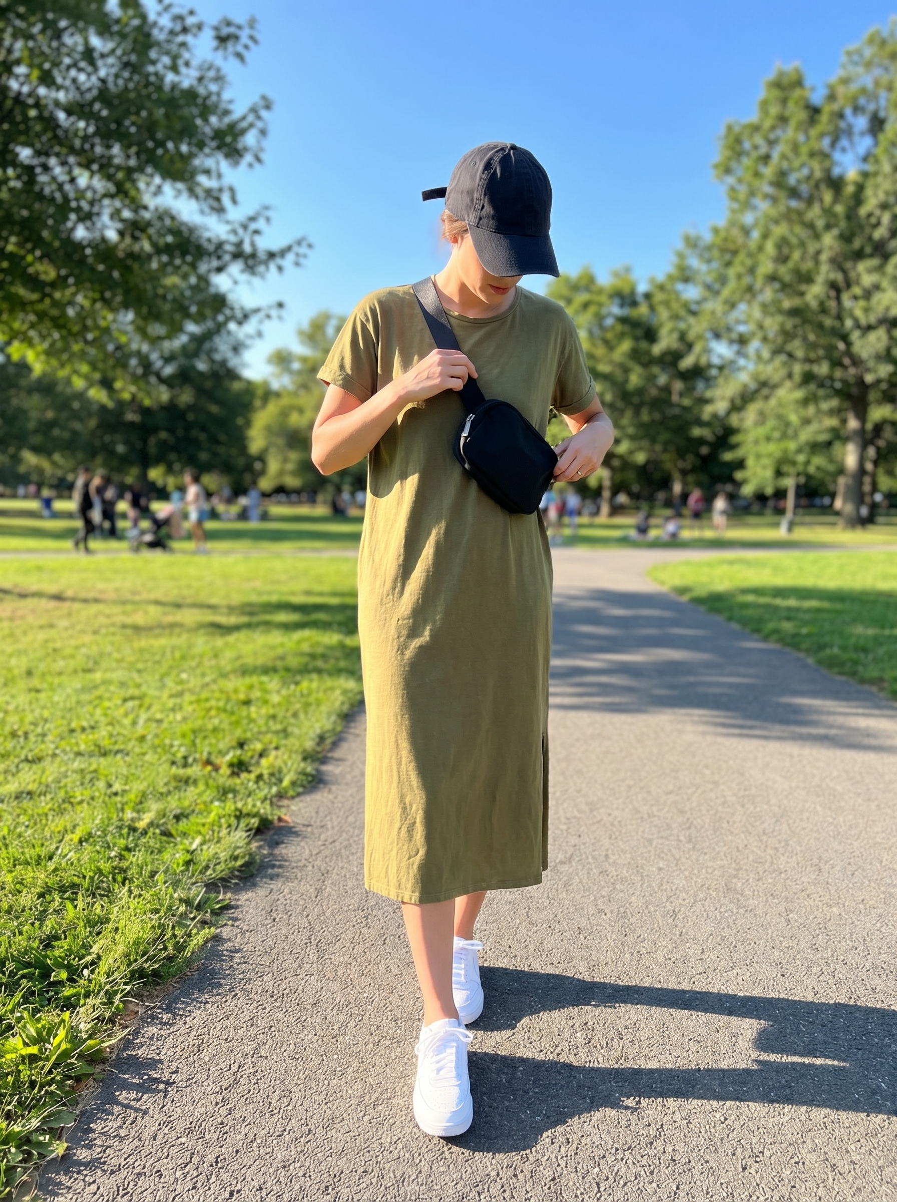 Practical olive green cotton t-shirt dress with black belt bag and white sneakers, an easy casual summer dresses 2026 outfit.