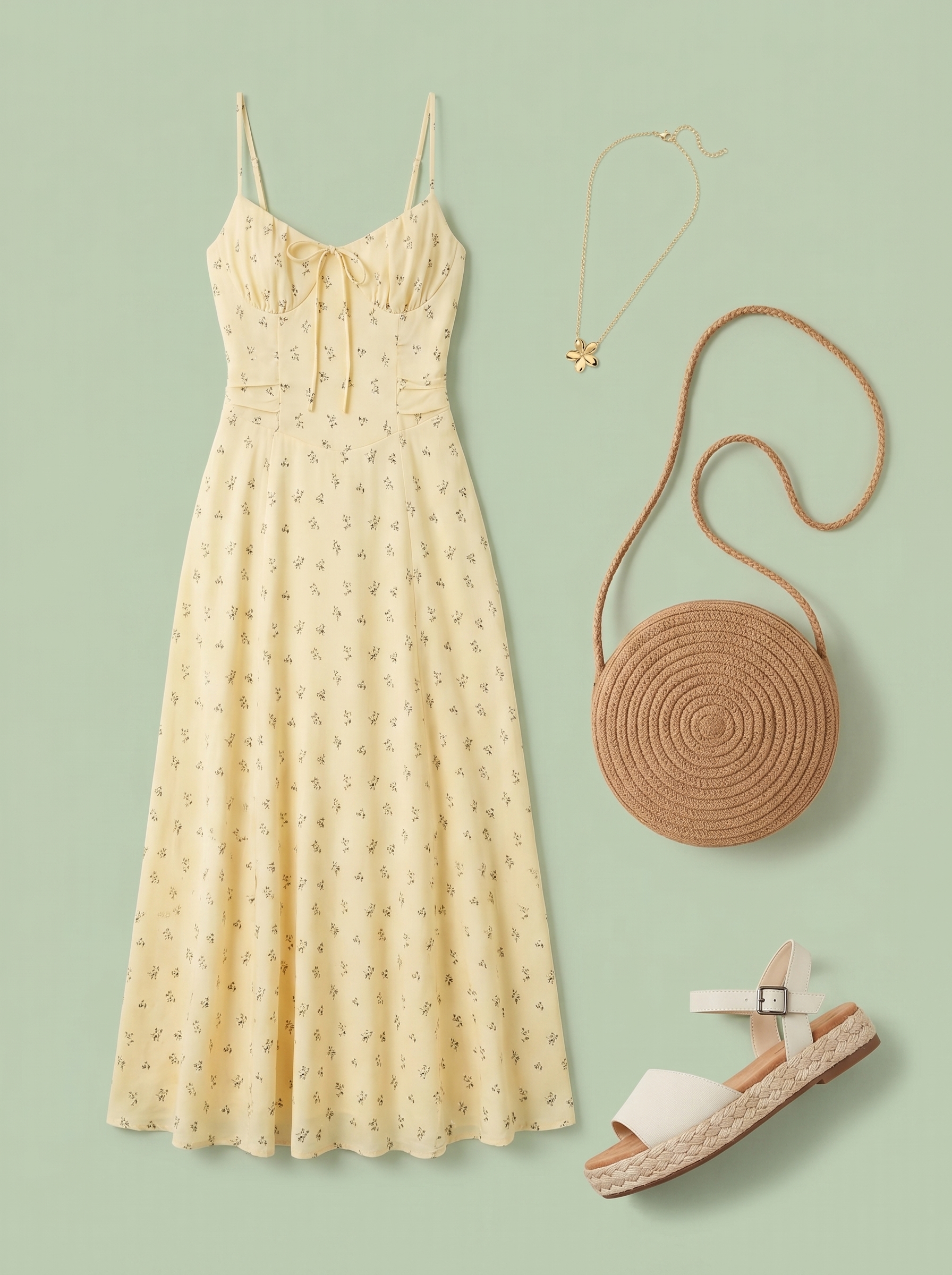 A flowy yellow floral maxi dress with espadrille sandals, a round straw crossbody bag, and a delicate gold necklace, perfect for casual summer dresses 2026 day out.