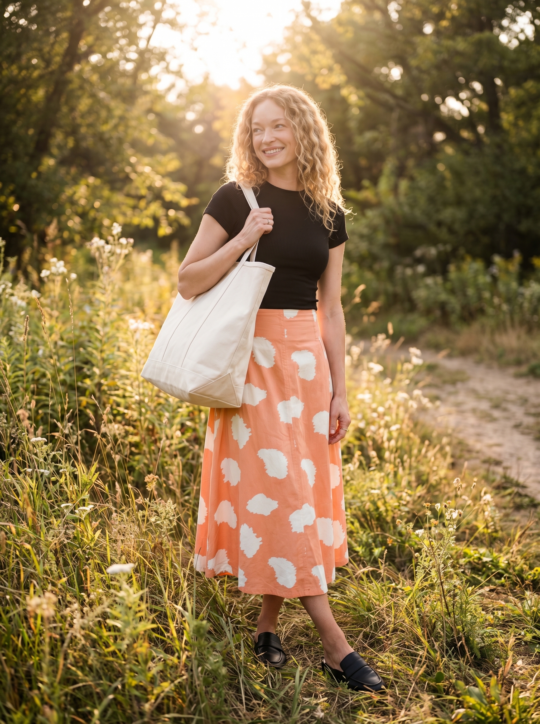 Artistic terracotta abstract print midi skirt, black crop top, flat mules for college outfits summer 2026 art class.