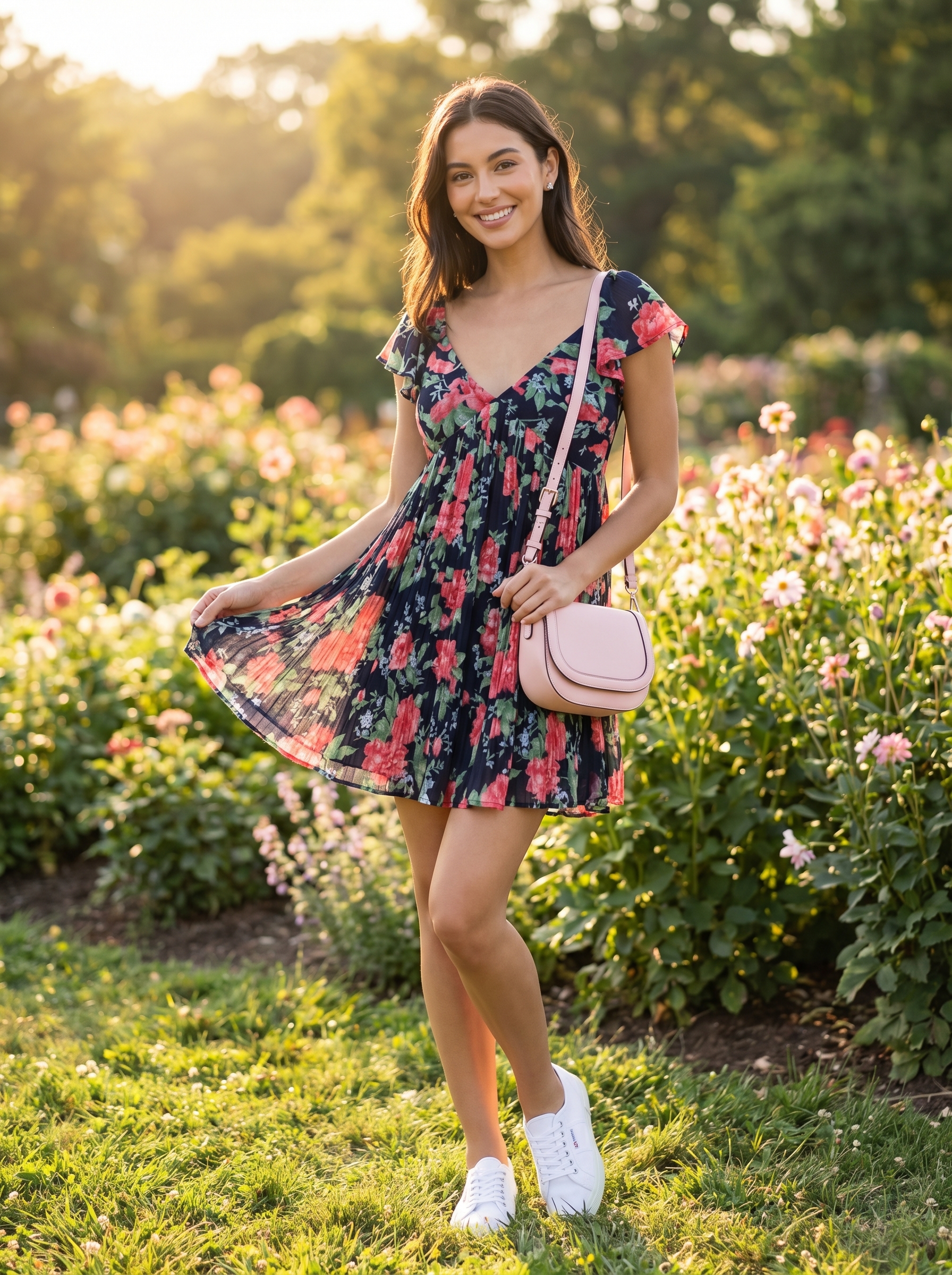 Sweet navy floral mini dress, white sneakers, blush pink crossbody for college outfits summer 2026 coffee date.