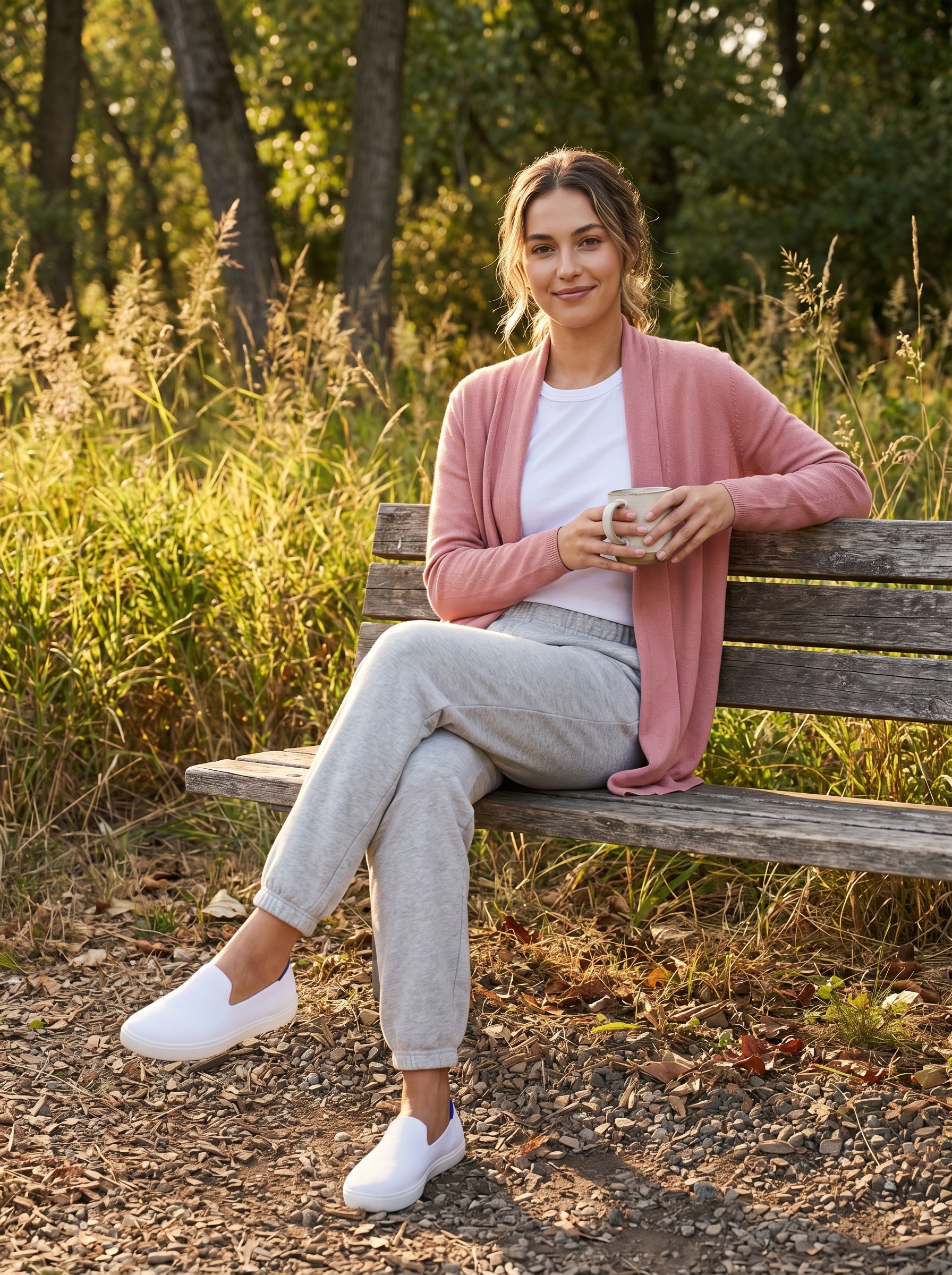 Cozy heather grey joggers, white tank, and blush pink cardigan for college outfits summer 2026. Perfect dorm lounging or study session look.