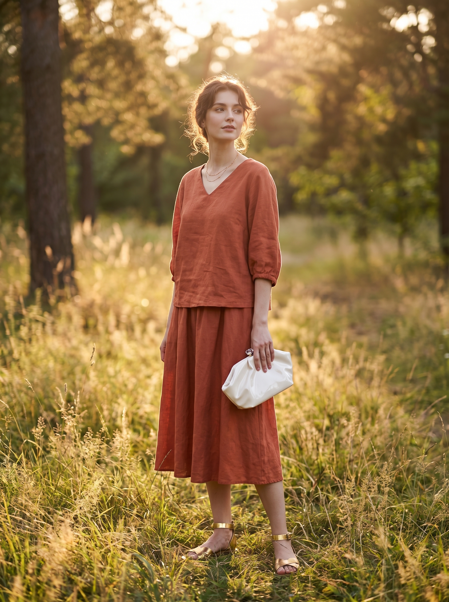 Chic terracotta matching set, gold sandals, cream clutch for stylish college outfits summer 2026 mixer or date night.