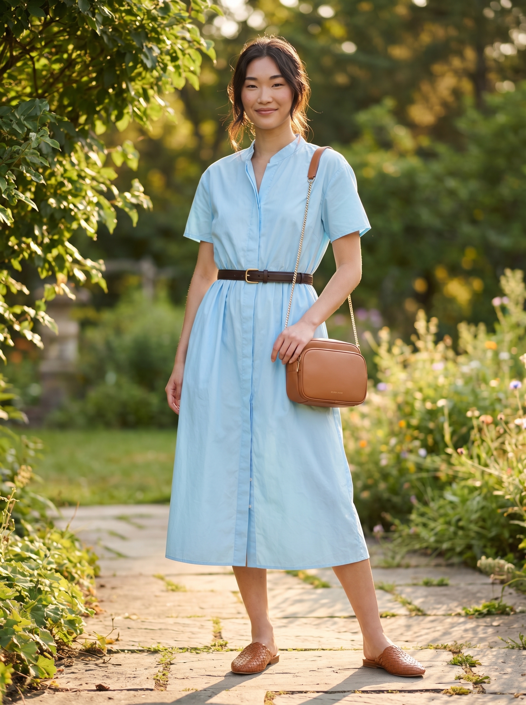 Smart casual college outfits summer 2026 for a study session, featuring a light blue cotton poplin midi shirt dress, brown woven leather slide sandals, and a tan crossbody bag with gold hardware.
