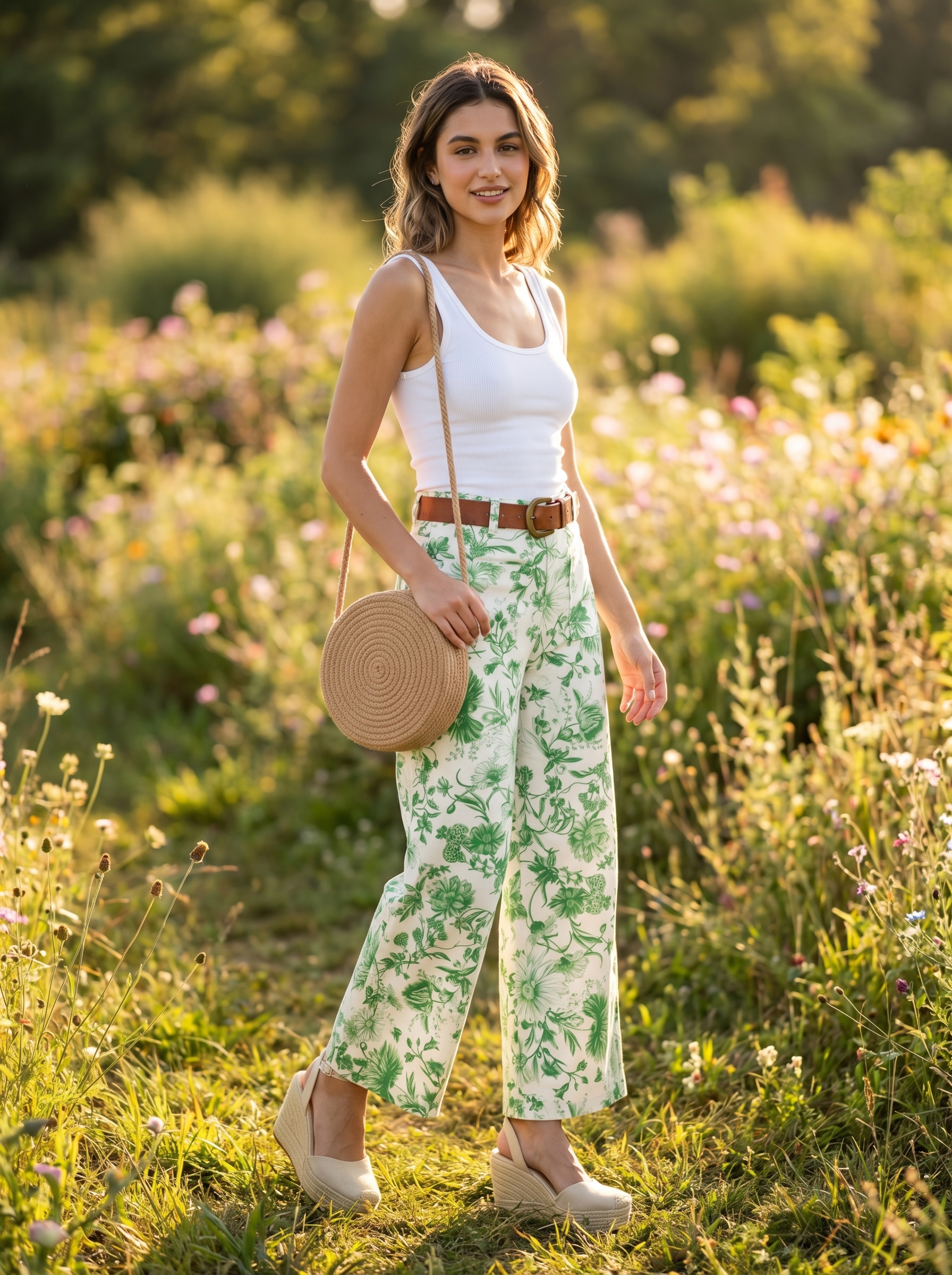 Whimsical white floral wide-leg pants, white tank top, platform espadrilles for college outfits summer 2026 picnic.