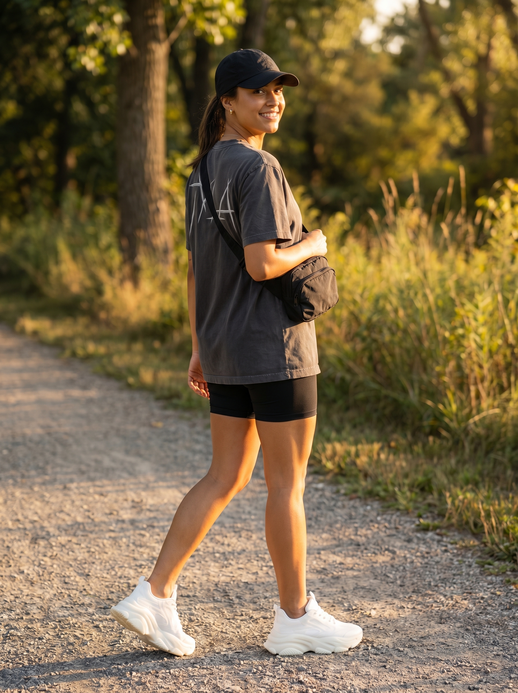 Sporty black biker shorts, oversized grey graphic tee, white chunky sneakers for college outfits summer 2026 campus commute.