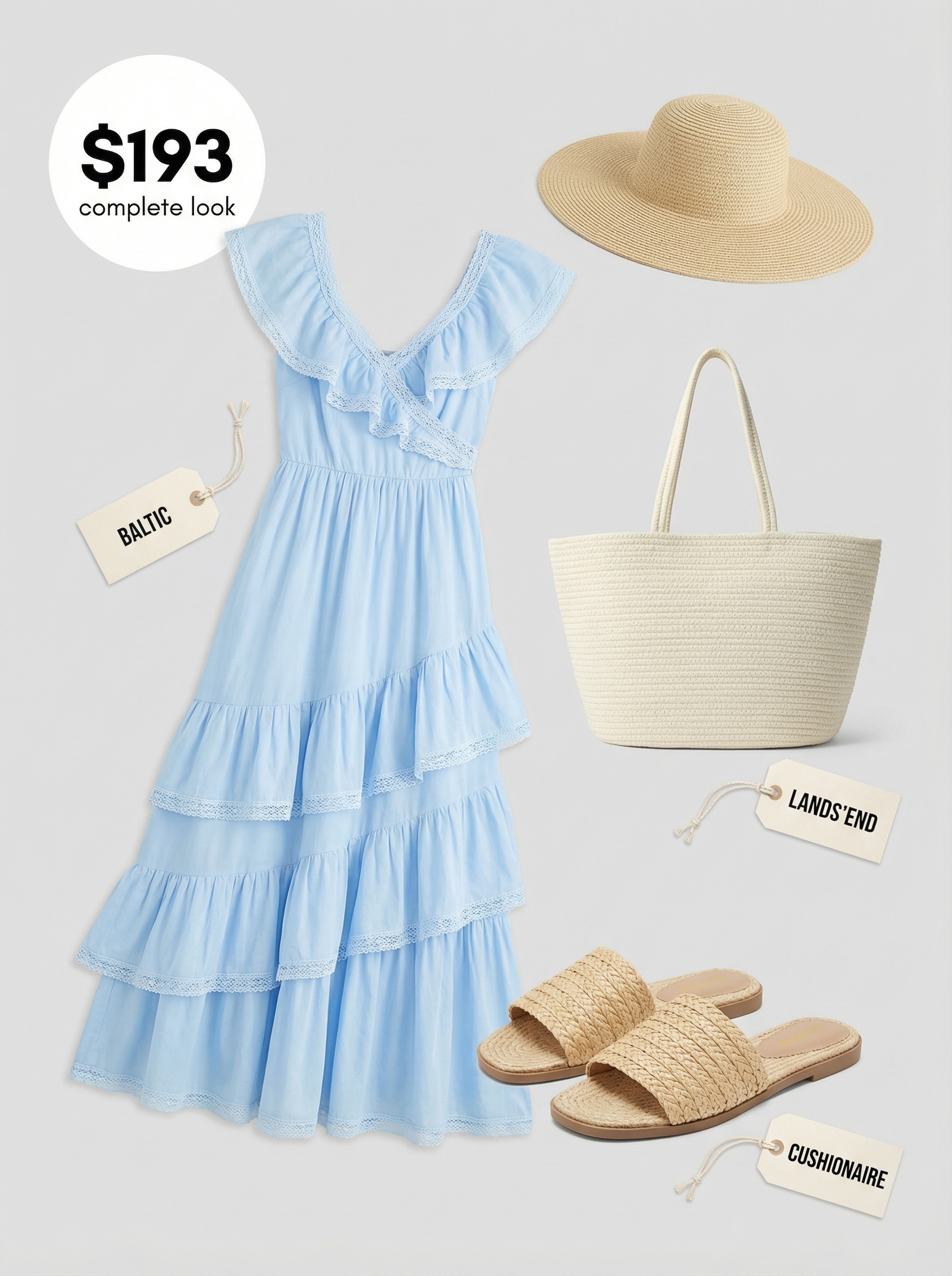 A serene sky blue flowy tiered maxi dress for colorful summer outfits 2026, paired with cream flat slide sandals, a tan straw hat, and a large straw tote bag for a beach vacation.