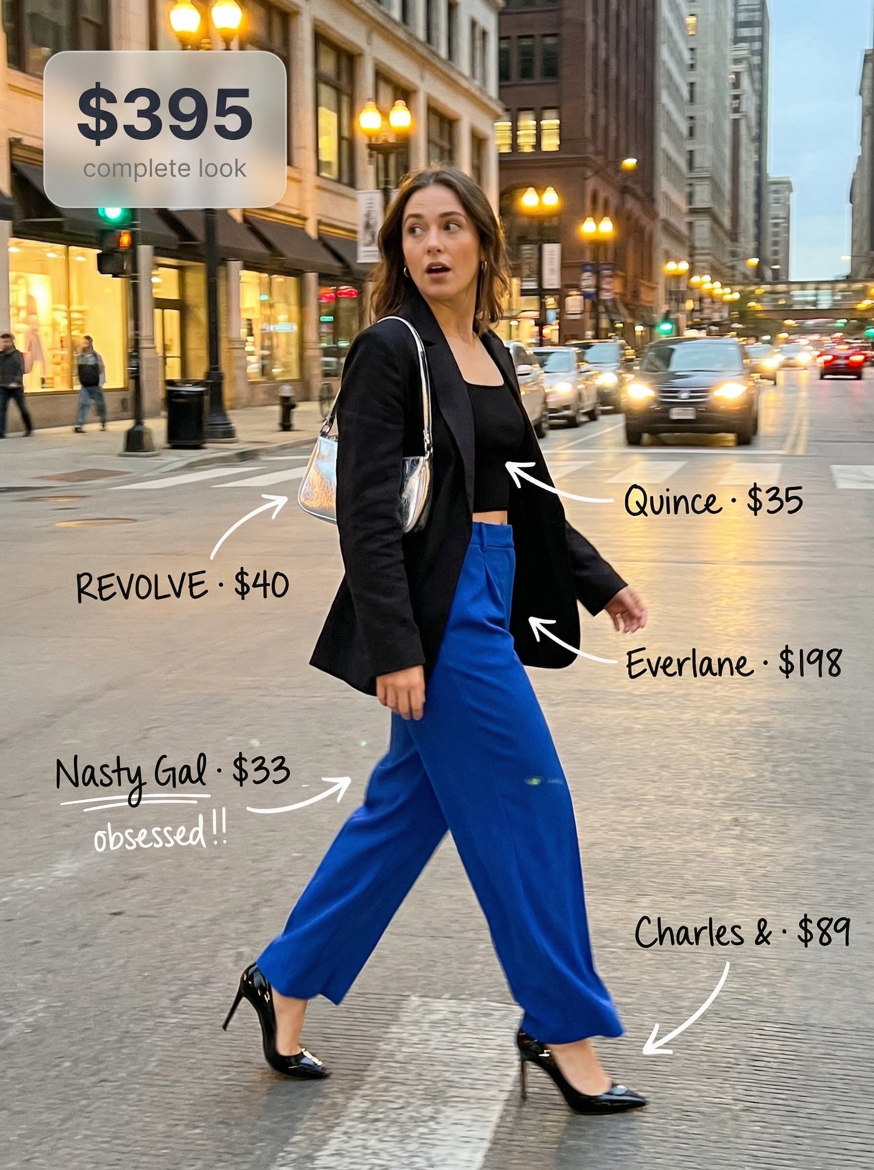 Edgy colorful summer outfits 2026 for an art gallery opening featuring cobalt blue wide-leg trousers, a black crop top, blazer, stiletto heels, and a metallic bag.