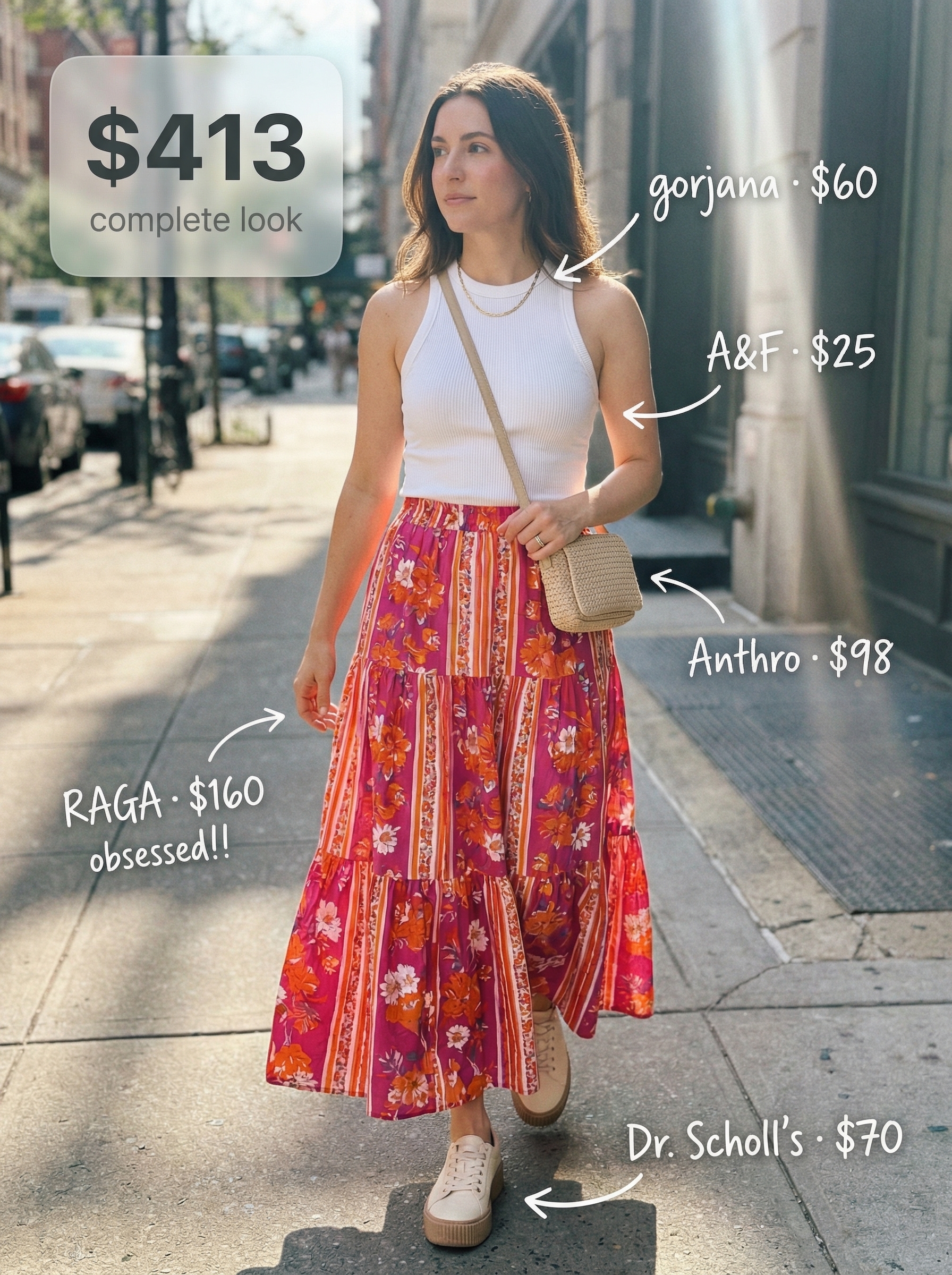 A cheerful fuchsia pink tiered maxi skirt paired with a crisp white ribbed tank top for colorful summer outfits 2026, styled with white sneakers, a woven crossbody bag, and a delicate gold necklace.