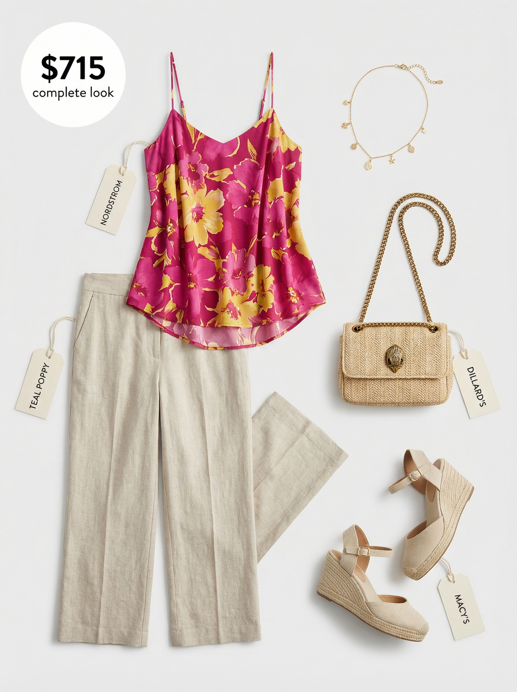 Chic colorful summer outfits 2026 for brunch featuring fuchsia wide-leg linen pants, a white floral crop camisole, gold necklace, espadrille sandals, and a yellow straw bag.