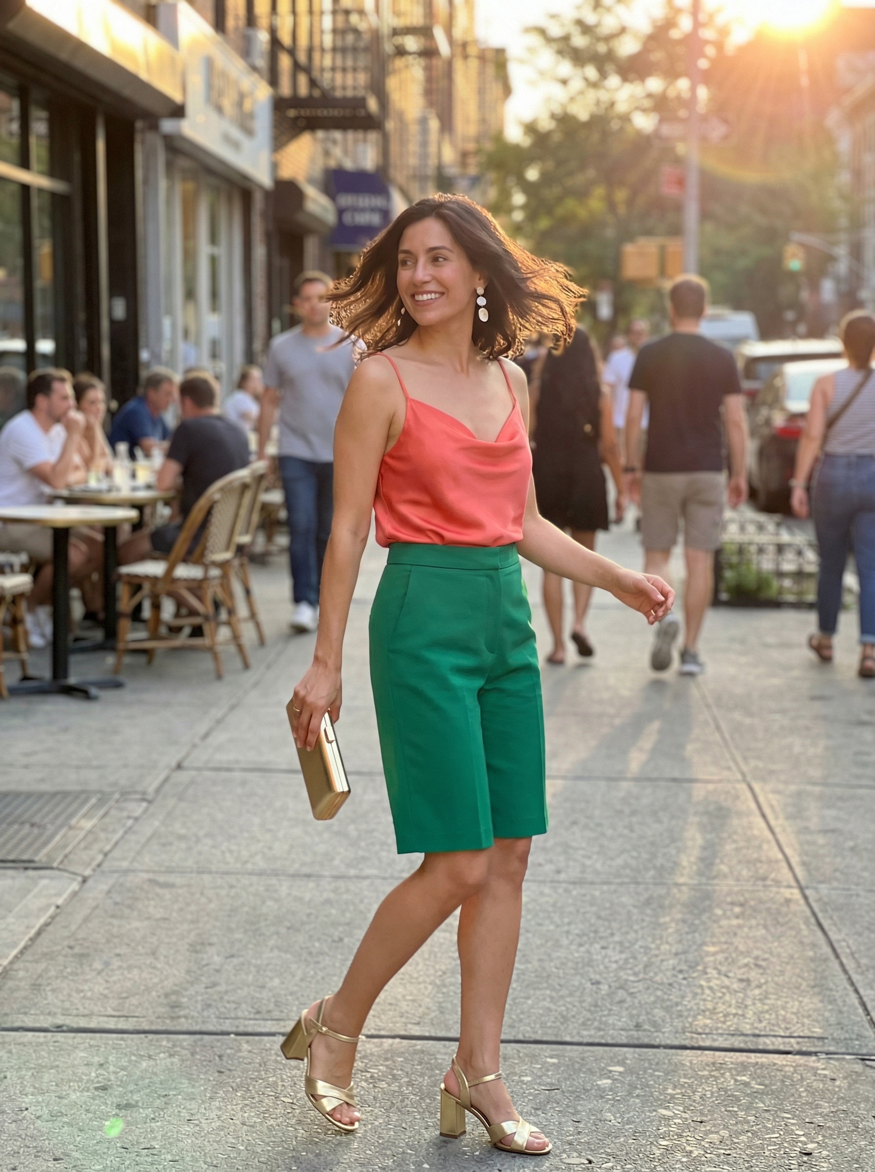 Elegant colorful summer outfits 2026 for a garden soirée featuring emerald green tailored shorts, a vibrant coral satin camisole, gold heels, and statement earrings.